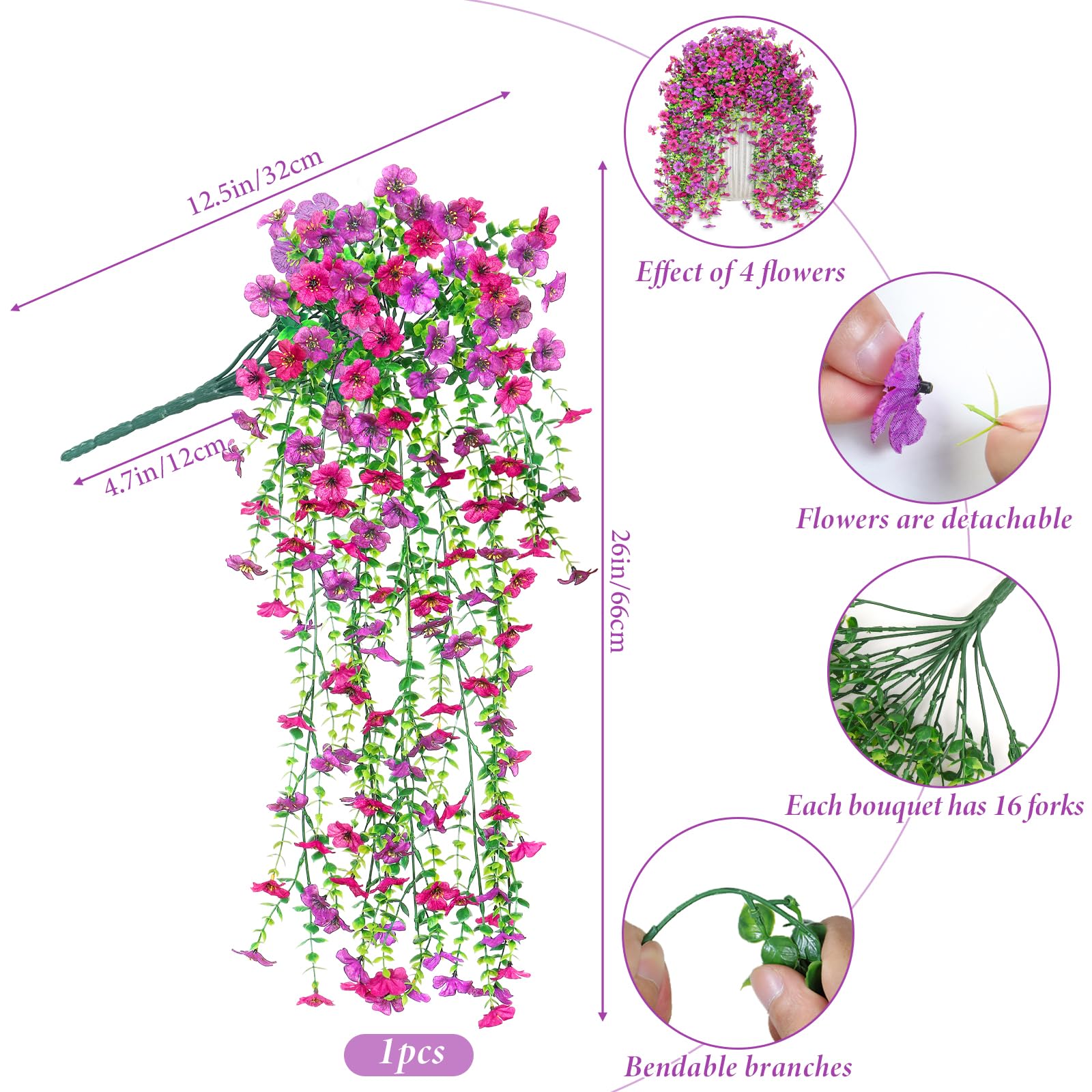 Betylifoy Fiori Artificiali da Appendere 4 Pezzi Resistenti ai Raggi UV Fiori Artificiali Misti Fiore Artificiali per Giardino Patio Matrimoni Decorazioni da Esterni (Rosa rosso&viola)