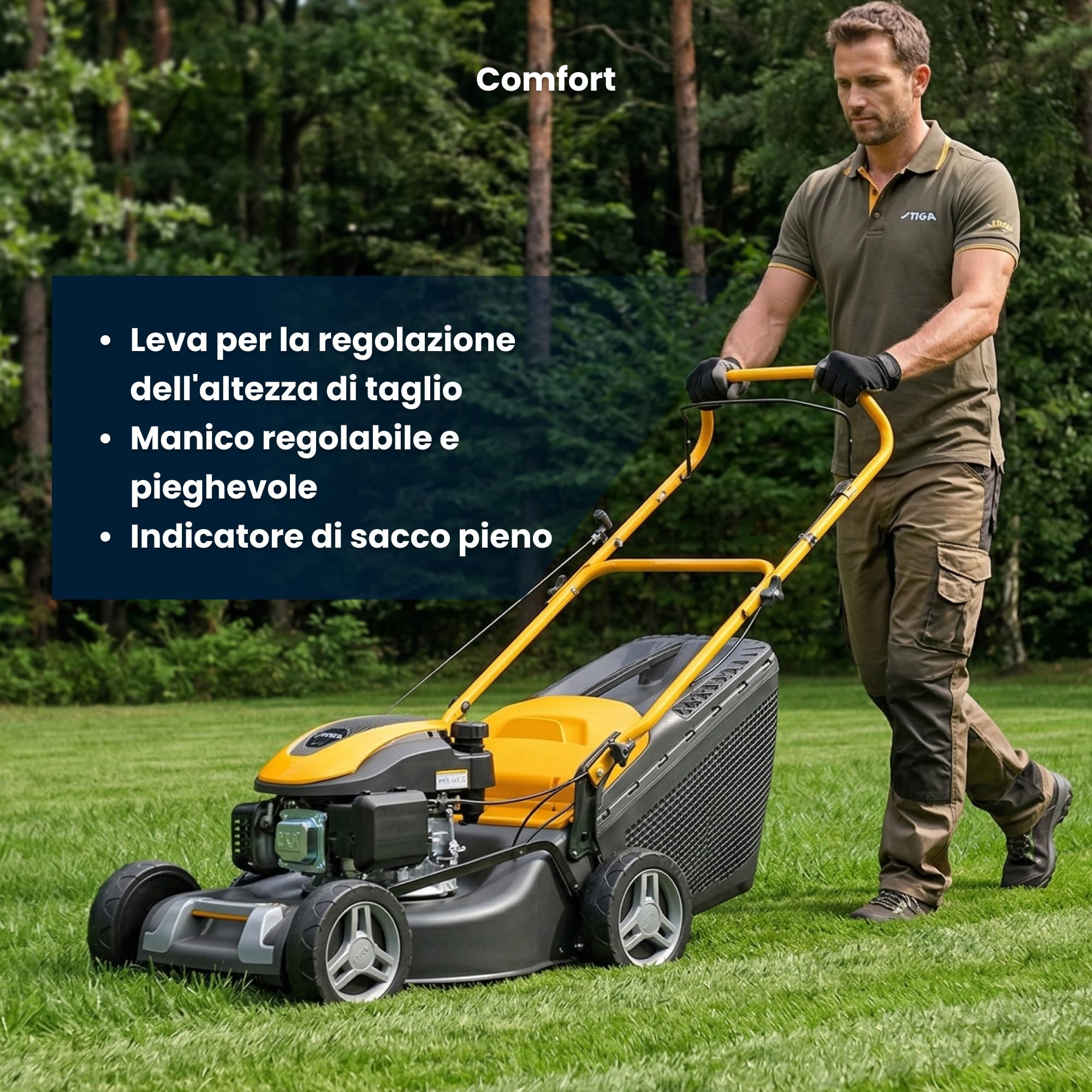 STIGA COLLECTOR 43 - Rasaerba a scoppio 123 cm³ 1,9 kW, larghezza di taglio 41 cm, scocca in acciaio, avanzamento a spinta, regolazione centralizzata dell'altezza di taglio, sacco raccolta da 60 litri