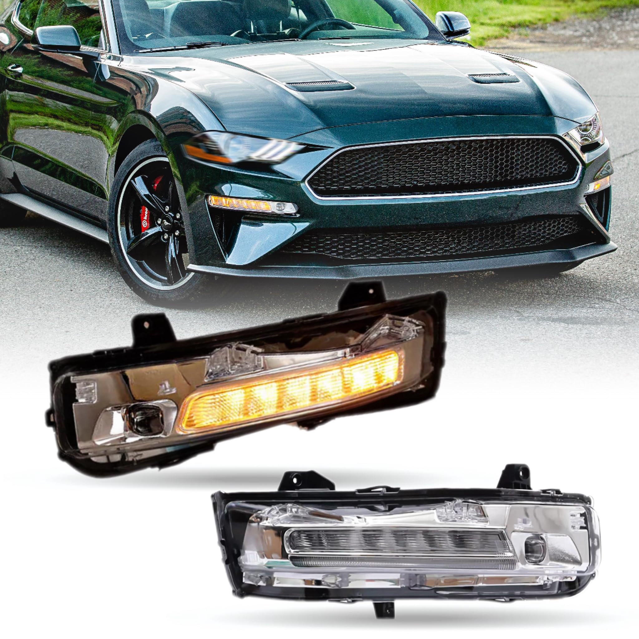 XIJIE LED DRL Front Bumper Fog Lights Assembly Compatible With 2018 2019 2020 Ford Mustang Turn Signal Lamps Driver's Left Side and Passenger's Right Side Black Housing LH+RH