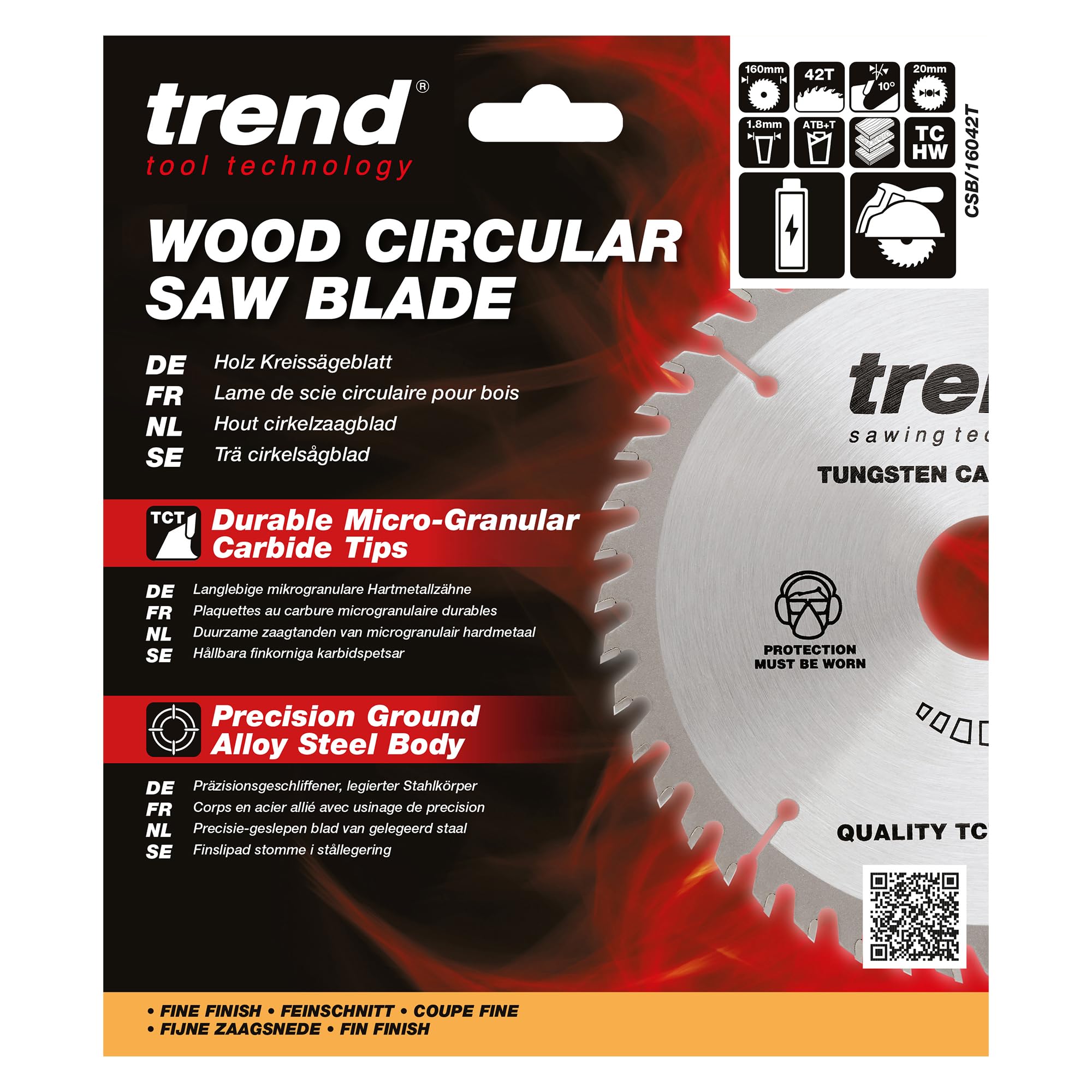 Trend Lame de scie circulaire sans fil Wood, diamètre 160 mm, alésage 20 mm, 42 dents, trait de scie 1,8 mm, crochet +10°, TCT, finition fine, CSB/16042T
