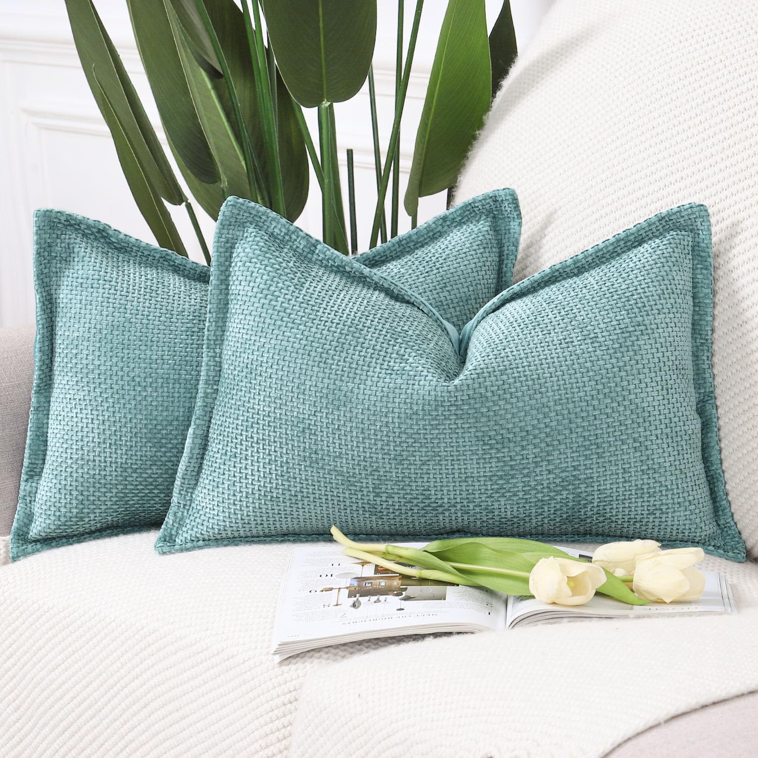 Madizz Set of 2 Chenille Velvet Cushion Covers with Flange Soft Boho Textured Throw Pillow Covers Broadside Pillowcases Modern Farmhouse Home Decor for Sofa Bedroom Turquoise 12x20 inch