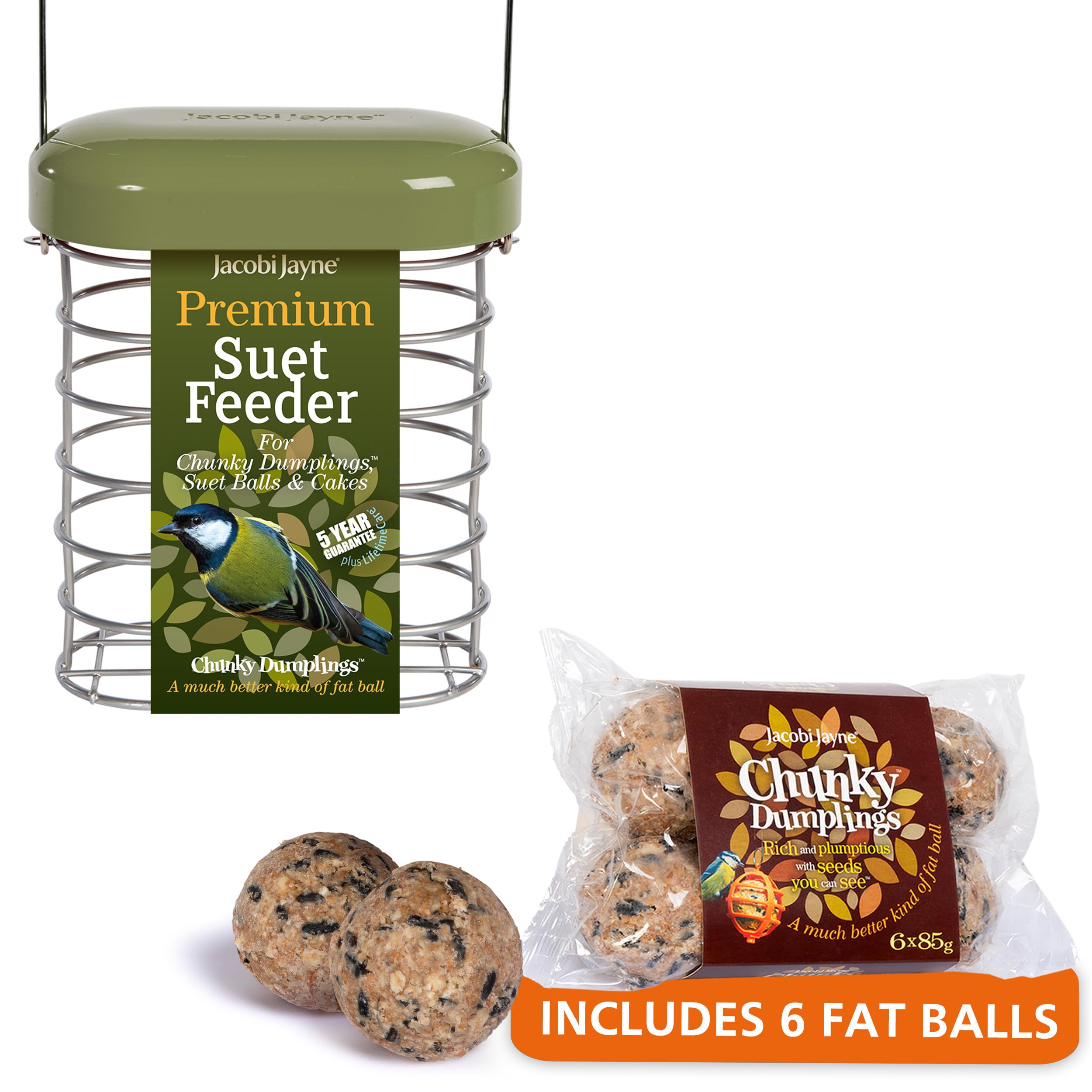 Fat Ball Feeder - Jacobi Jayne® Hanging Suet Ball Feeder with Fat Balls - Holds up to 6 Suet Balls or 2 Suet Cakes - Durable Metal Cage Design - Squirrel Proof FatBall Feeders for Wild Birds (Green)