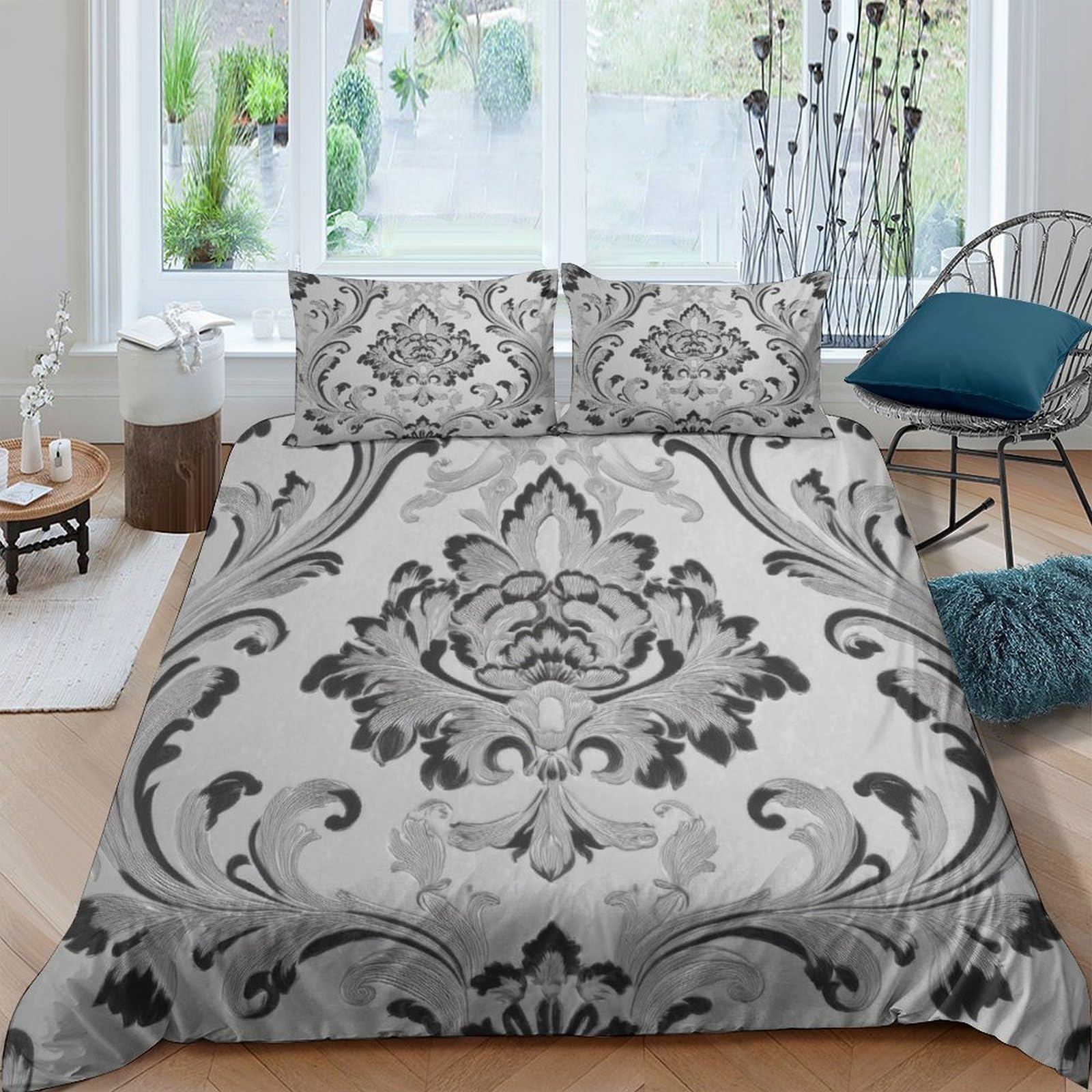 Ctjqhvkz Style-6 3D Printed Baroque Damask Fitted Sheet Microfiber Soft Grey Ornate Floral Mattress Cover For Bedroom Guest Room Decor Single（135X200cm）