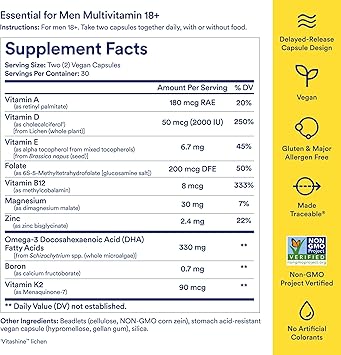 Ritual Mens 18+ Daily Multivitamin - Key Essential Vitamins and Minerals to Support Energy, Muscle, Heart, Brain Health* - Including Zinc, D3, B12, A, K2 - Vegan - Mint - 60 Capsules - 30 Servings