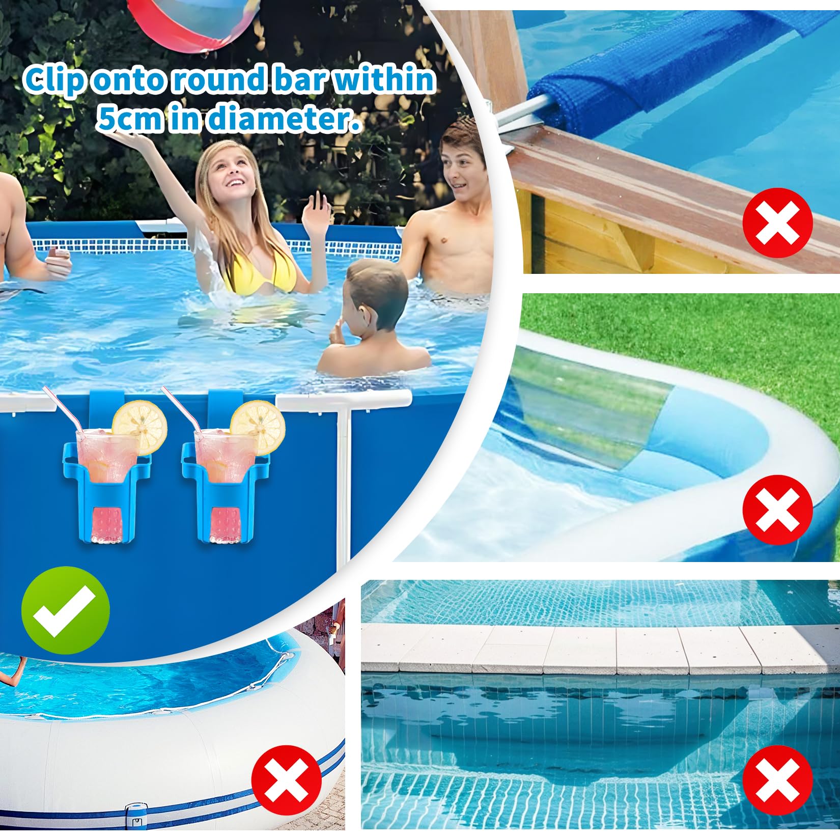 Lot de 4 porte-gobelets de piscine sans déversement - Accessoires en plastique bleu
