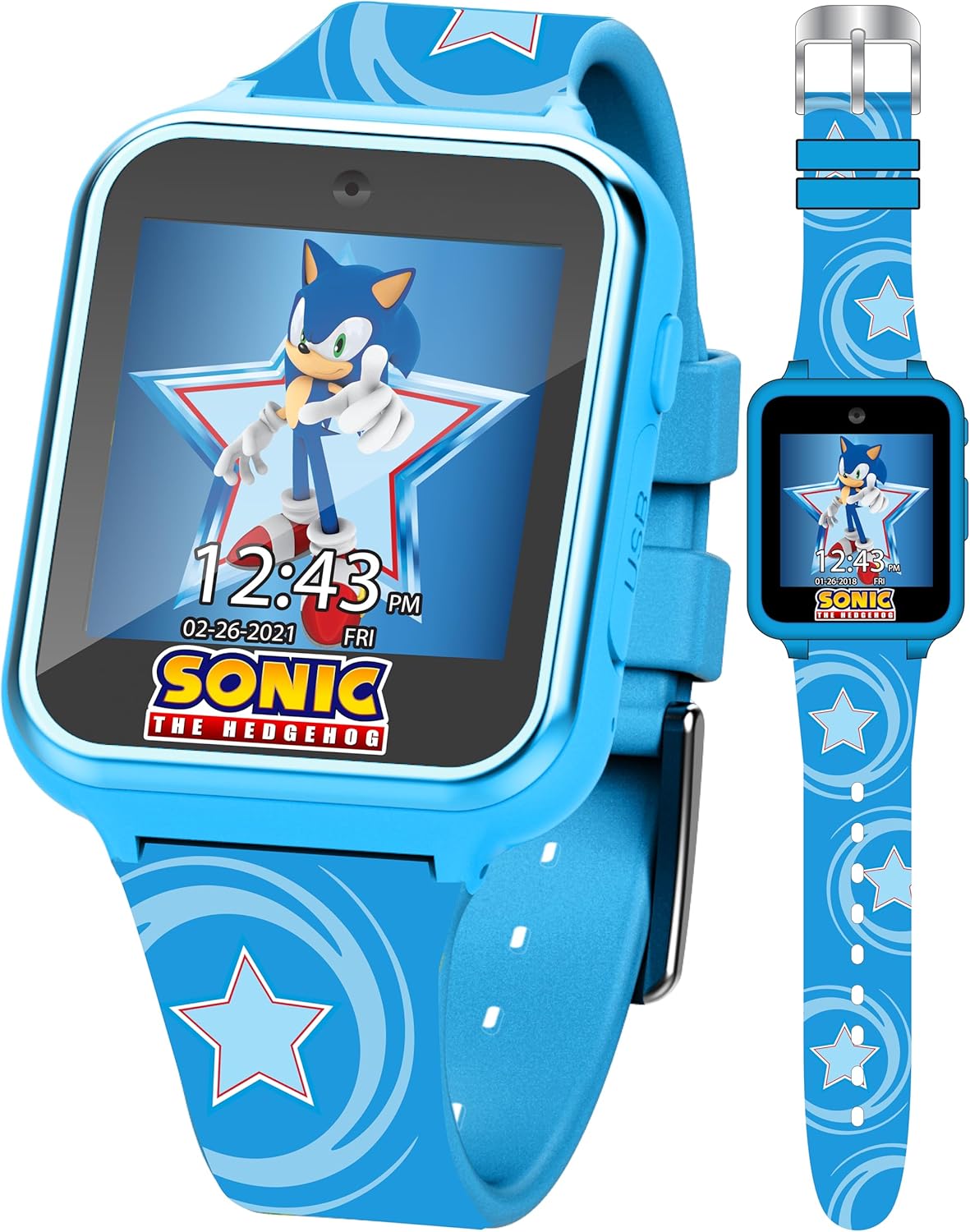 Accutime Kids SEGA Sonic The Hedgehog Blue Educational Touchscreen Smart Watch Toy for Boys, Girls, Toddlers – Selfie Cam, Learning Games, Alarm, Calculator, Pedometer (Model: SNC4133AZ)
