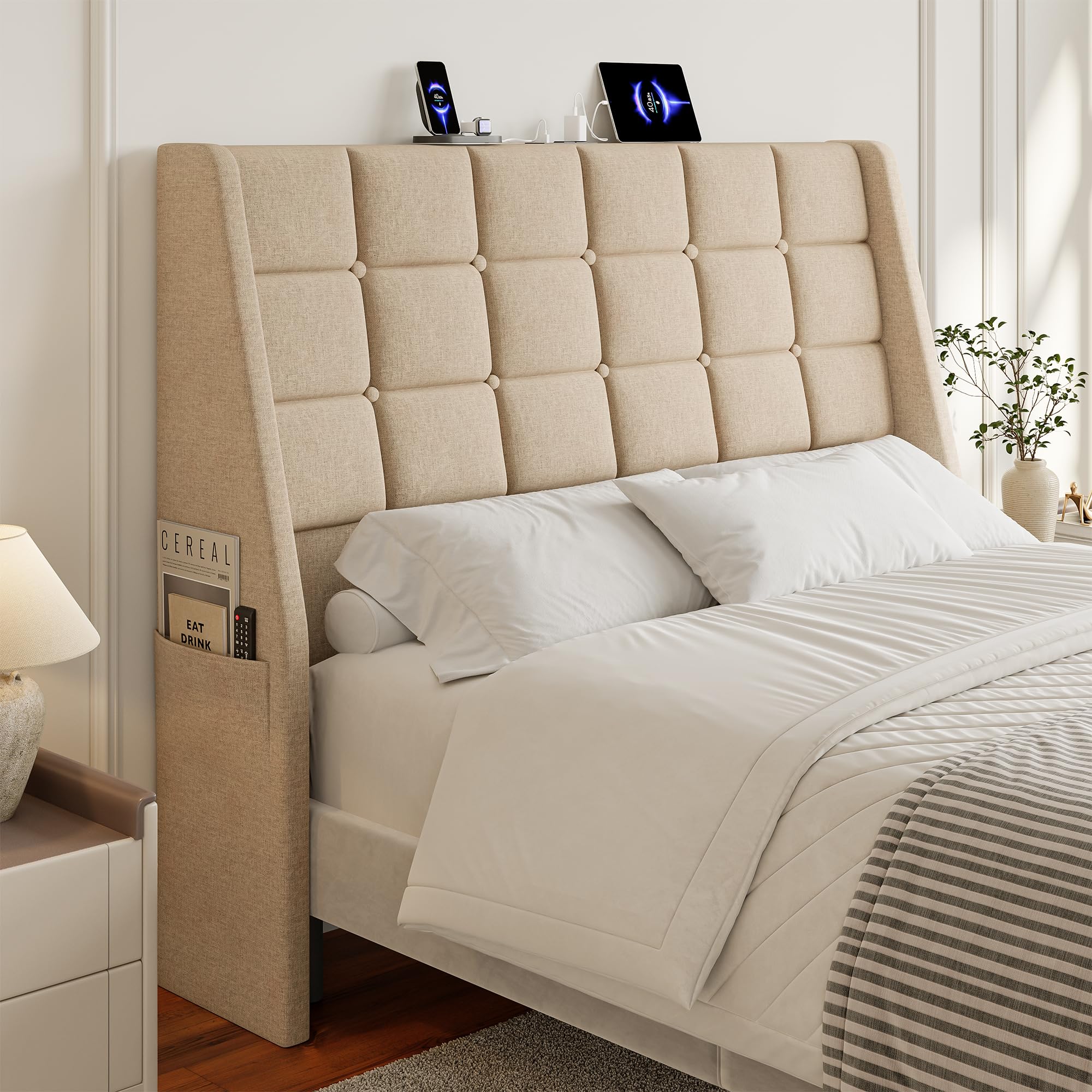 Full Size Headboard with Charging Station, Ergonomic Upholstered Linen Headboards Only, Wingback Wood Bed Head Board with Storage Pocket, Bed Frame