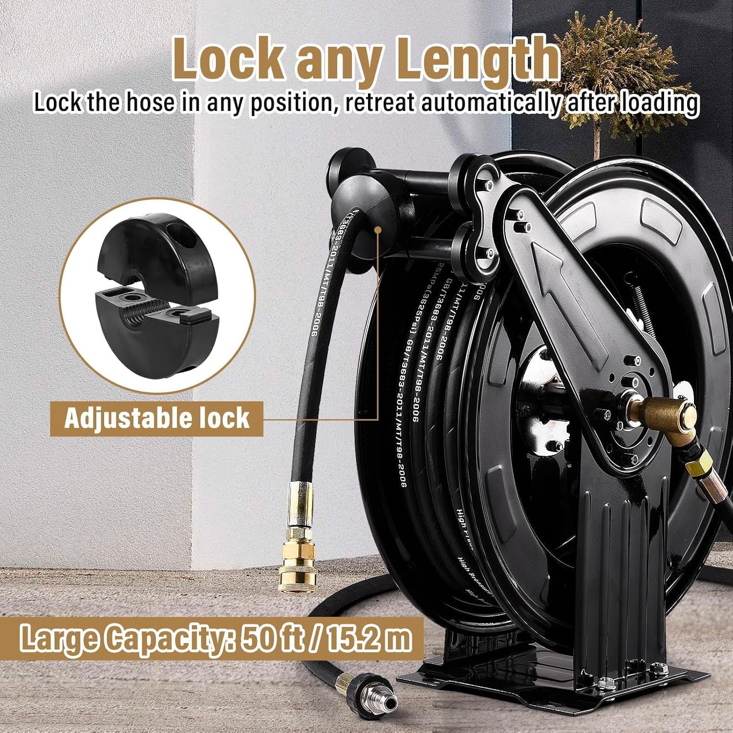 Pressure Washer Hose Reel,Steel Double Arm 3/8" X 50 FT Automatic Retractable Power Washs Hose Reels,Heavy Duty Hose Reels 4000 PSI With 50 FT Water Belt And Iron 90-degree Elbow Connector