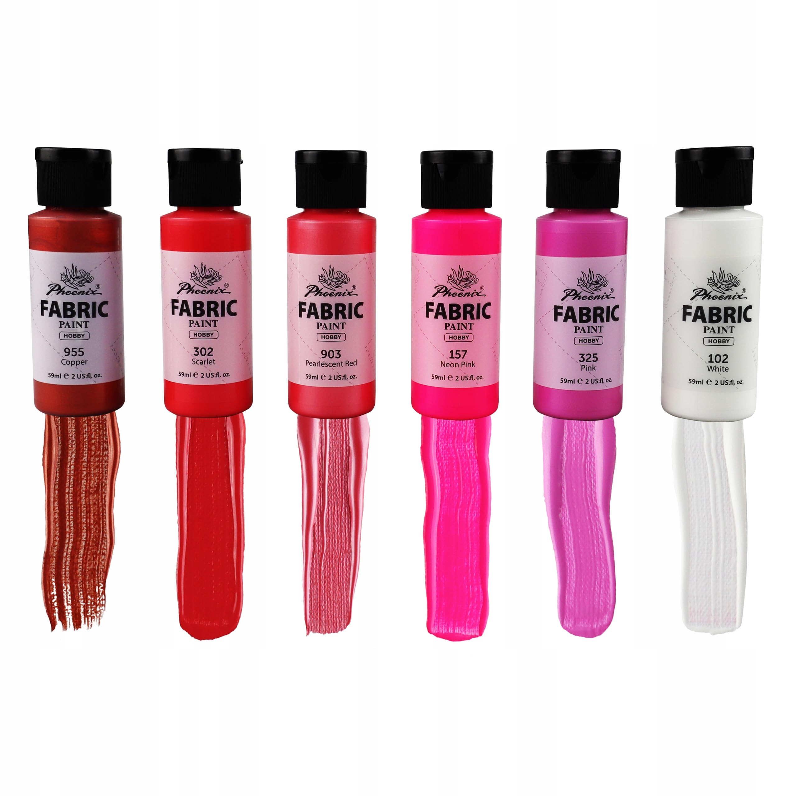 Phoenix Textilfarben Set 24x59 ml, Stofffarbe für helle & dunkle Stoffe (inkl. Neon, Metallic, Perlmutt), Waschfeste Farben für Kleidung, T-Shirts & DIY, Stoffmalfarben ohne Fixieren