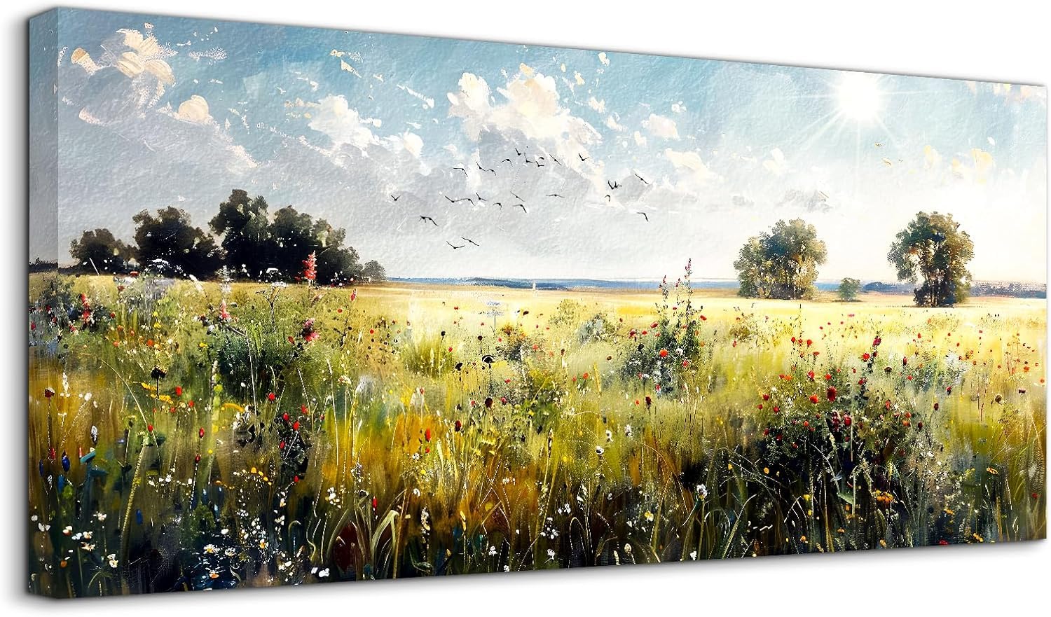 lianyibo Spring Canvas Wall Art, Nature Landscape Rustic Home Decor Large Artwork, Green Grassland Wildflower Art Prints(70x140/Frameless)