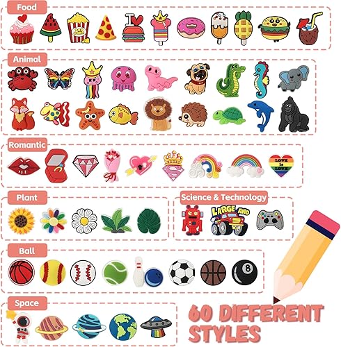 Miniatura 2 de 60 piezas de decoración para lápices, diferentes diseños de clip para lápices, adecuado para premios escolares, recompensas de aula, idea de regalo