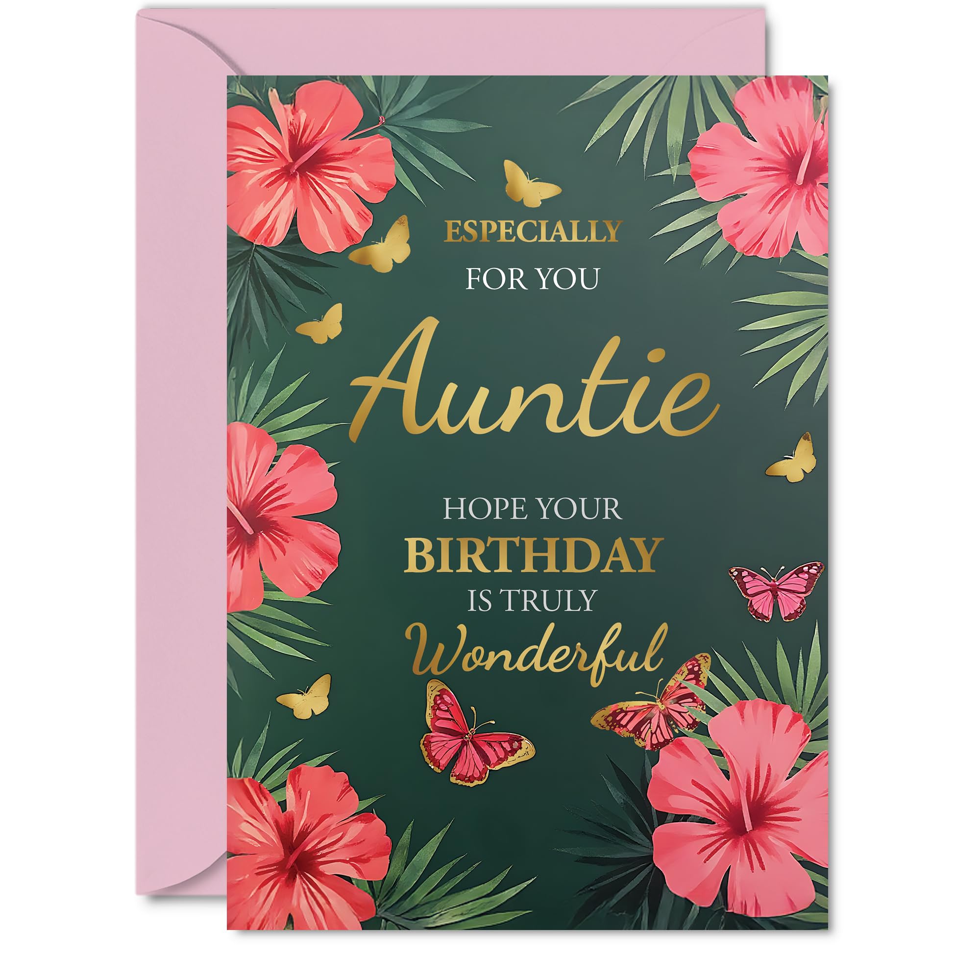 Gold Auntie Birthday Card - Butterflies & Flowers - Happy Birthday Card for Auntie from Nephew Niece, A5 Golden Butterflies & Flowers Bday Greeting Cards