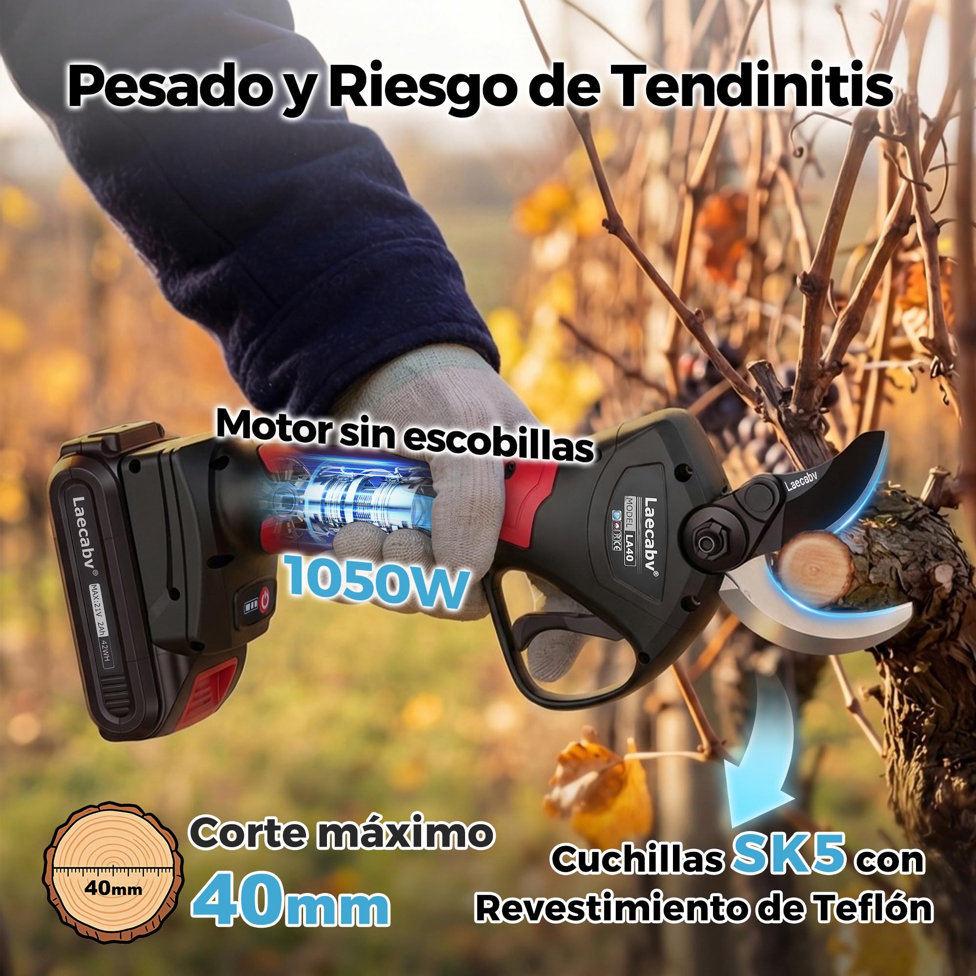 Laecabv Tijeras de podar electricas 40mm tijeras de podar bateria progresivo podadora eléctricas 2 Recargable Litio Batería para jardinería viñedos árboles frutales