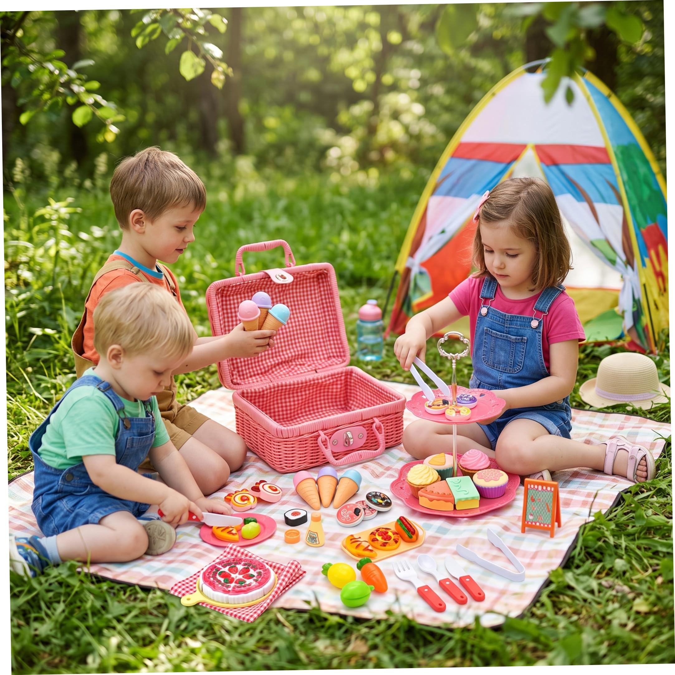 Juego de Fiesta de té, Cesta de Picnic para niños con Juguetes de Comida realistas