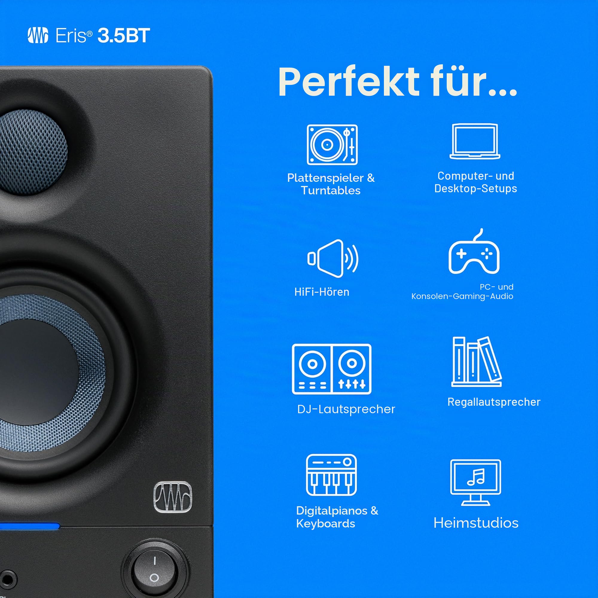 PreSonus Eris 3.5BT (2. Generation) 8,9 cm (3,5 Zoll) Nahfeld-Studio-Monitore mit Bluetooth | 50 W, Woofer aus gewebtem Verbundstoff, Silk-Dome Hochtöner, Schwarz