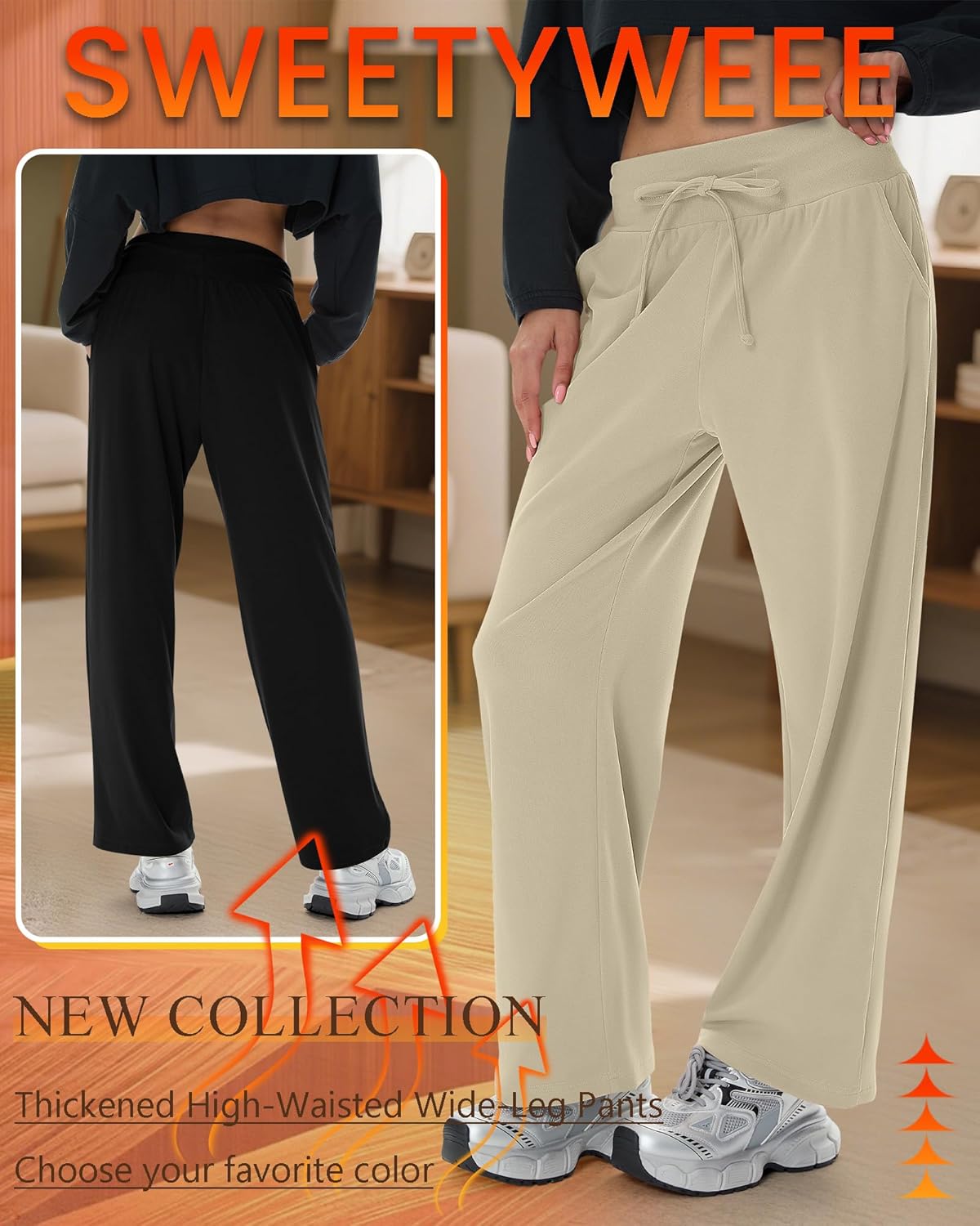 4 Pack Women's Fleece Lined Pants Wide Leg Winter Warm Sweatpants Lounge Baggy Thermal Sweats - Image 6