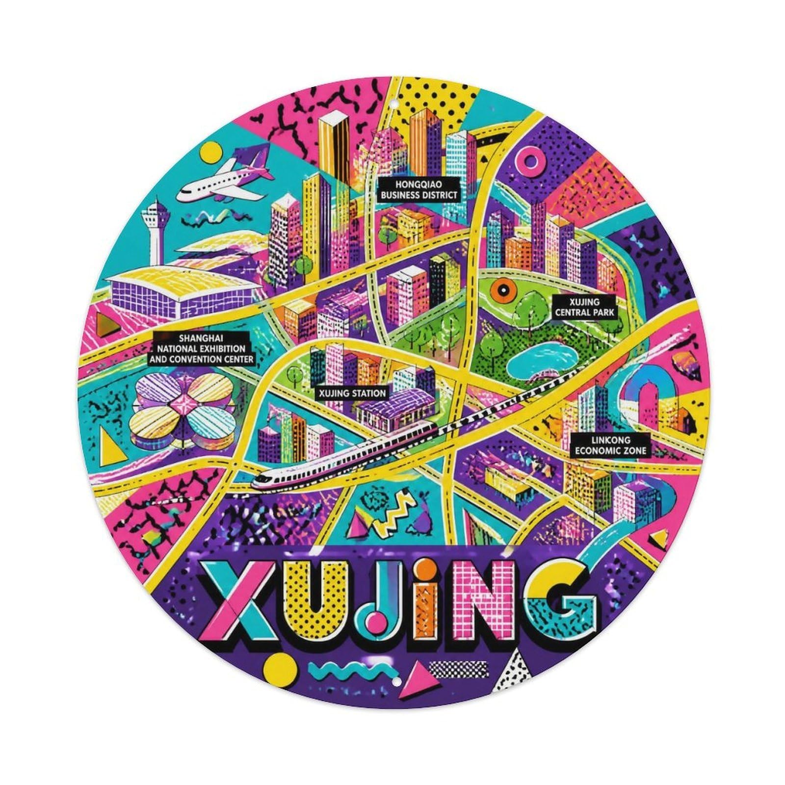 Okngb Style Xujing District Shanghai Blueprint Map Tourist Badge Metal Tin Sign Plaque Wall Decor For Cafe, Man Cave, Club Bar, Office, Home Garden Round Metal Poster 8X8inch