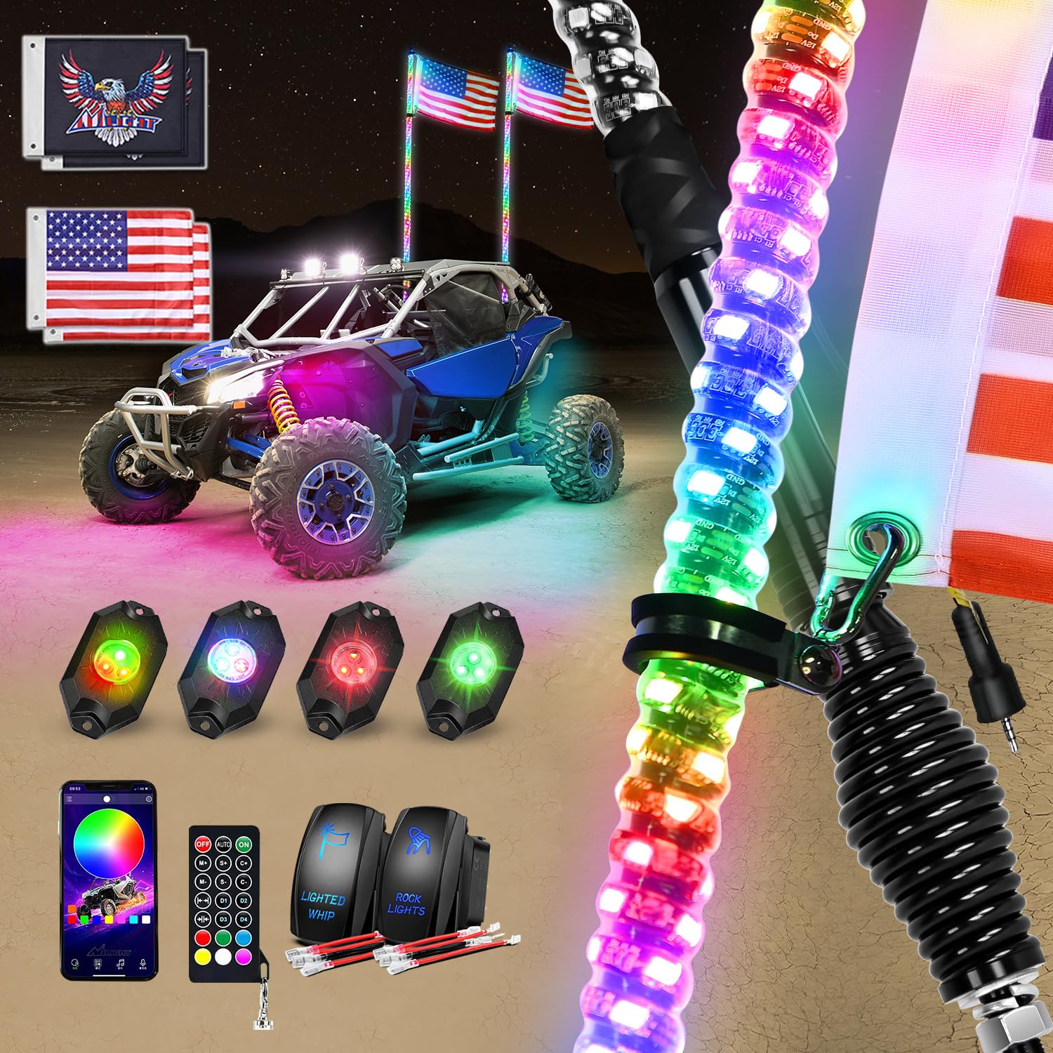 Nilight RGB LED Whip Light 2PCS 4FT with 4 Rock Lights Combo