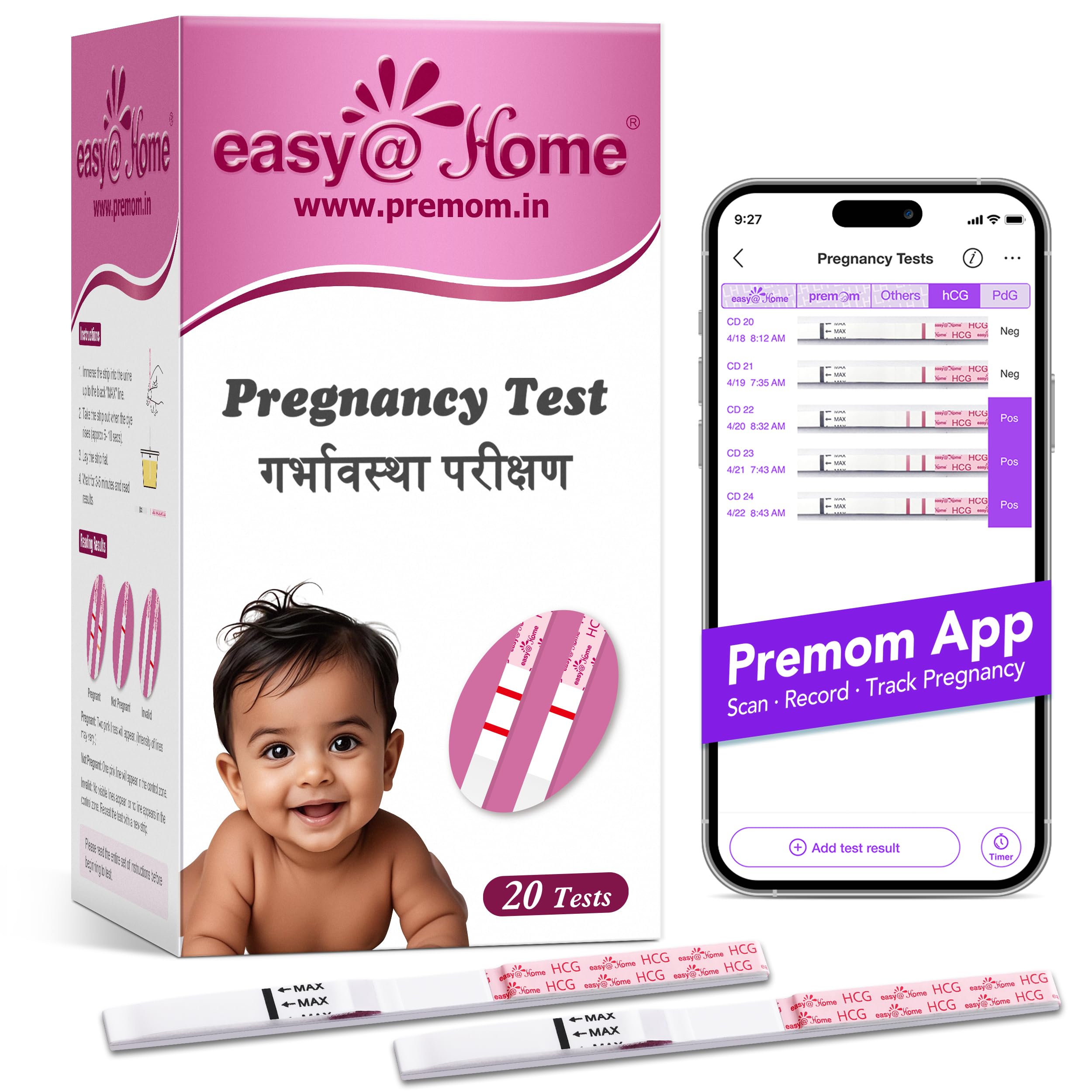 Easy@Home Pregnancy Test Kit: 20 Strips Test Pack for Early Urine HCG Detection - Sensitive & Precise Results in 5 Mins - Easy to Track with Premom App Support