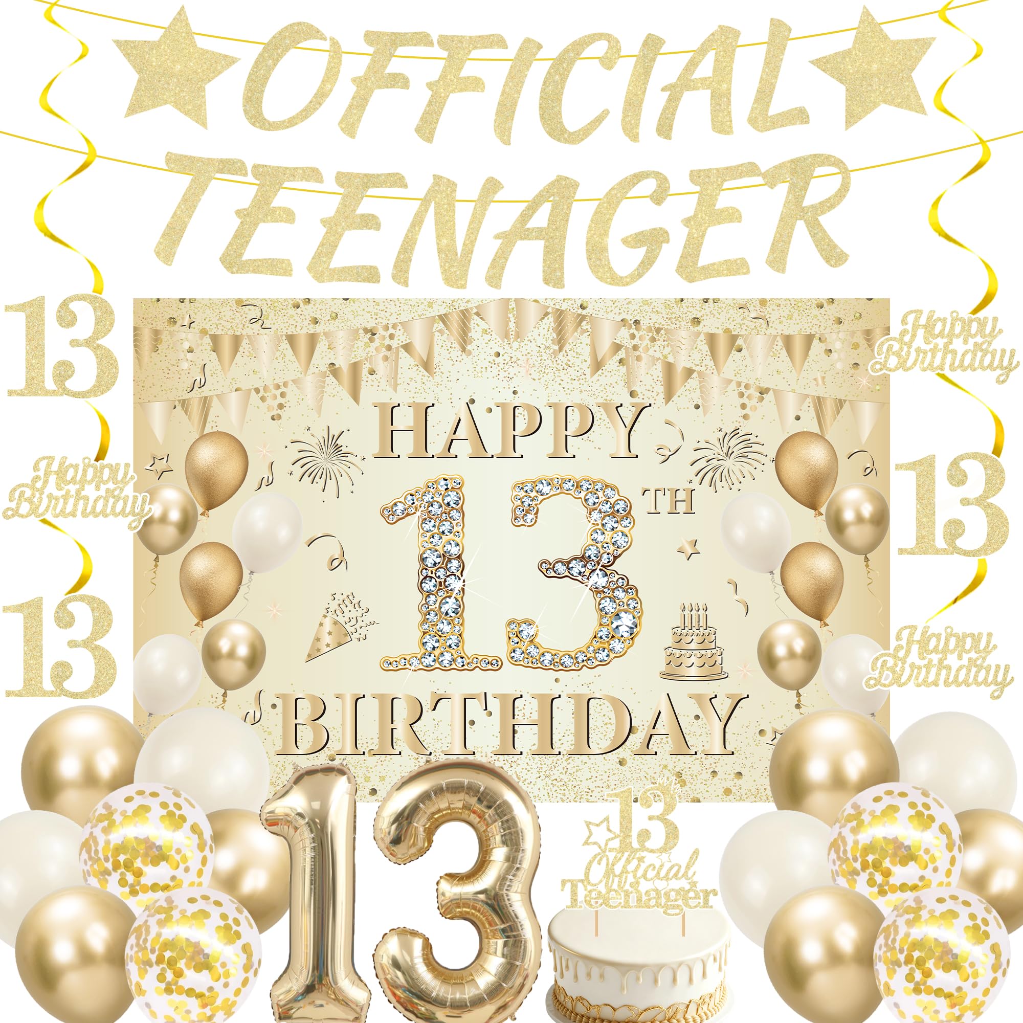 13th Birthday Decorations - 20 Pcs White Gold Banners 13th Happy Birthday Backdrop Hanging Swirls Number 13 Balloons Set Cake Topper for Boys and Girls 13 Year Old Party Decoration Supplies — image 1