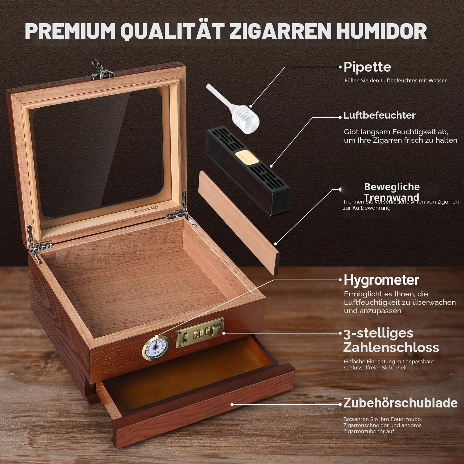Tesonway Zigarren-Humidor, Zedernholz Humidor Zigarrenbox, Glasplatte Desktop Humidor mit Front-Hygrometer, Luftbefeuchter, Trennwand, Zubehörschublade und Zahlenschloss, Hält 20-35 Zigarren (Braun)