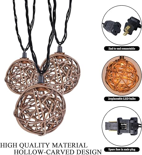 Miniatura 3 de Vigdur Cadena de luces de bola de ratán, luces bohemias con 10 bombillas LED conectables, tira de luces para interiores y exteriores para