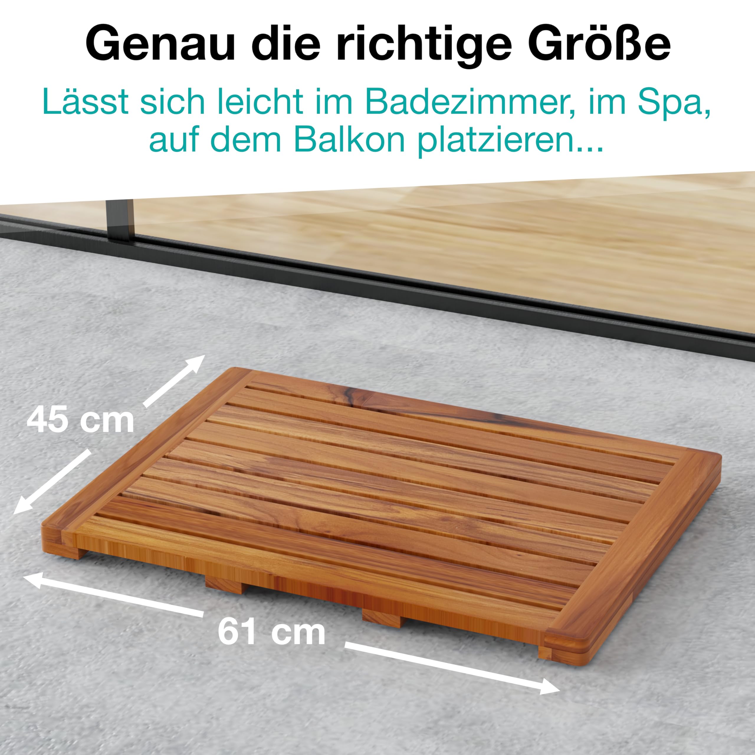 Badematte aus Teakholz 61 x 45 cm - Duschmatte Holz - Euchtigkeitsbeständig, Schimmelresistent und rutschfest - Saunamatte - Für Innen und Außen - Holzmatte Bad - CB6145