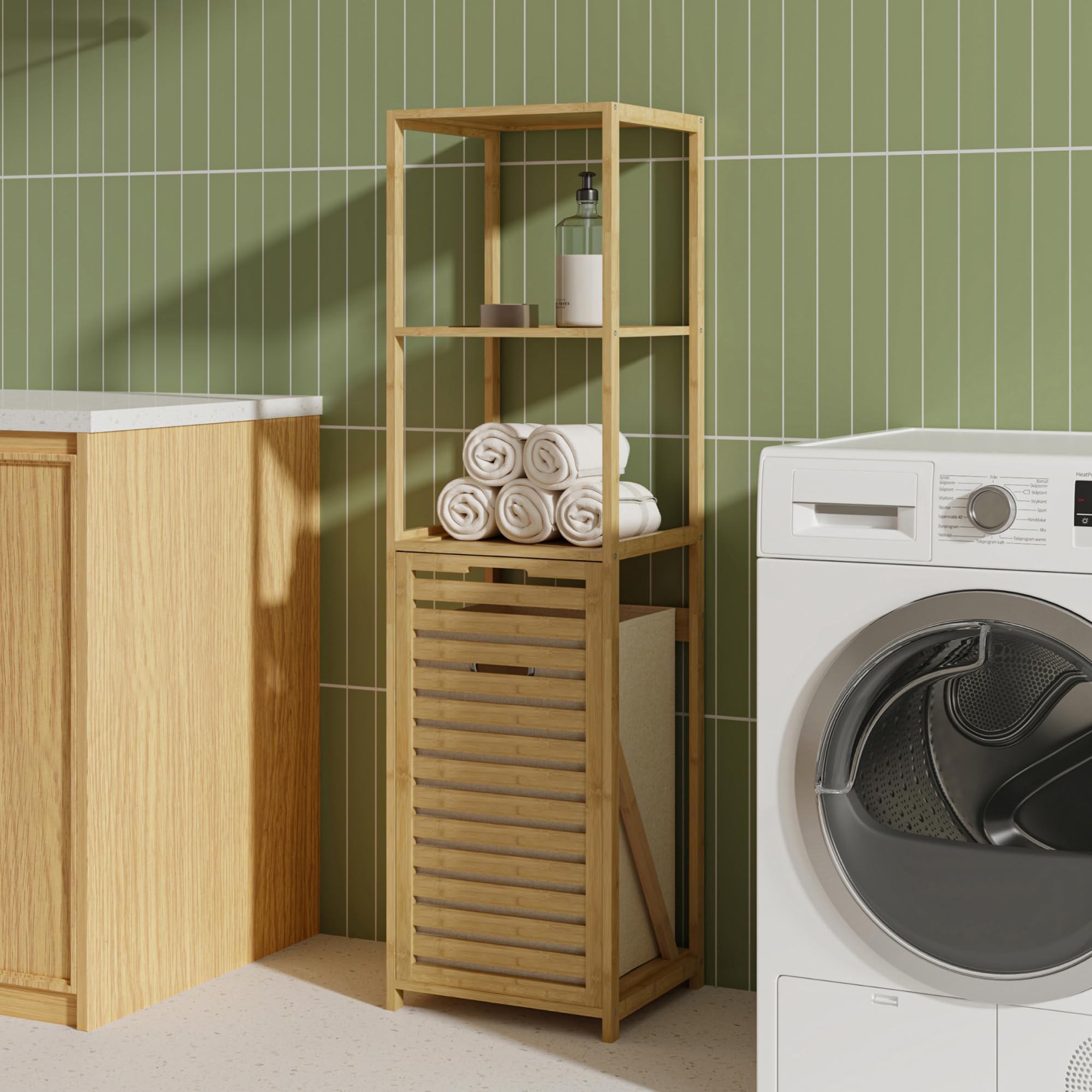 [en.casa] Mueble de Baño Anun Estantería con Cesto para Ropa Sucio Mueble Auxiliar Armario Midi para Cuarto de Baño Dormitorio Bambú 130 x 36 x 33 cm - Natural/Beige