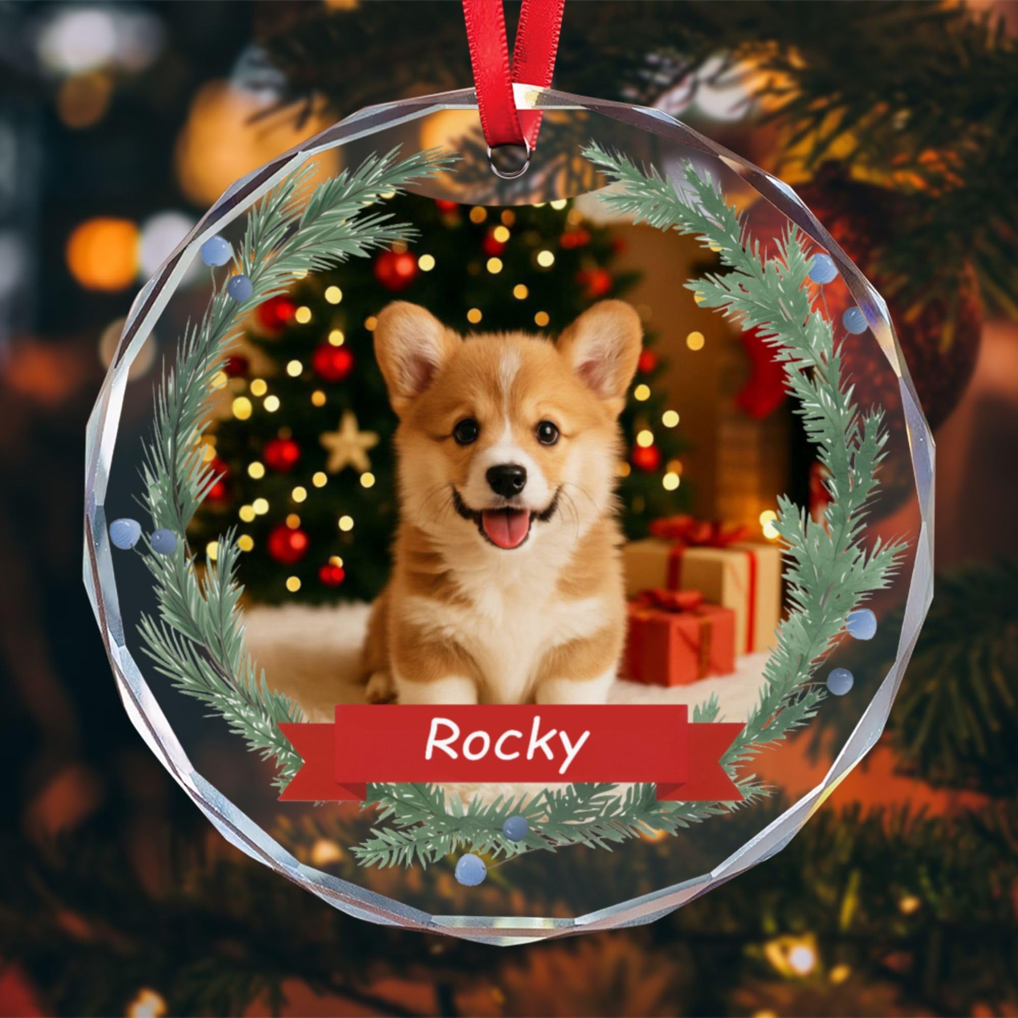 Personalised Pet Memorial Ornament Dog Christmas Bauble, Custom Photo Glass Decoration for Tree, Cat Crystal Ornament with Picture, Sympathy Gift for Pet Lovers P1004