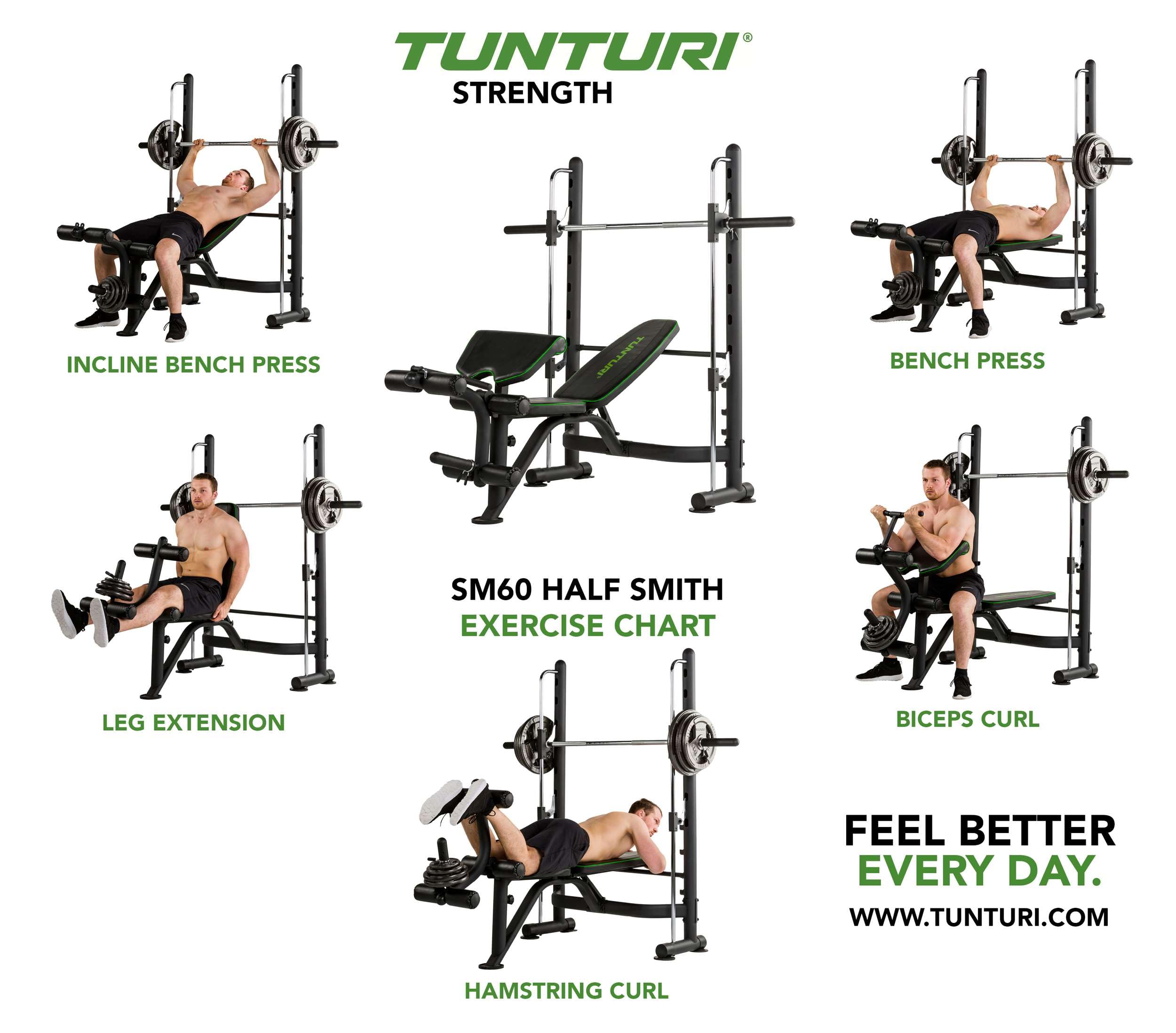 Tunturi Smithmachine SM60, Kraftstation, Hantelbank negativ, Beintraining, Situps, verstellbare Langhantelstütze