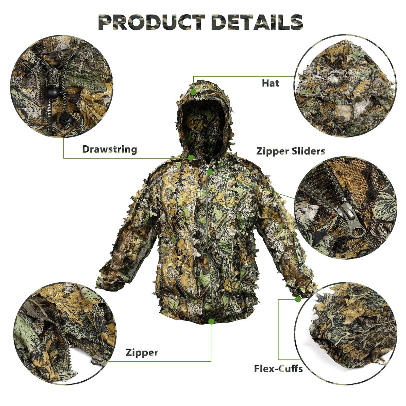 ANYDKE Ghillie Suit Camouflage Hunting Suits Outdoor 3D Leaf Lifelike Camo Clothing Lightweight Breathable Hooded Apparel Suit for Jungle Shooting Airsoft Woodland Photography or Halloween