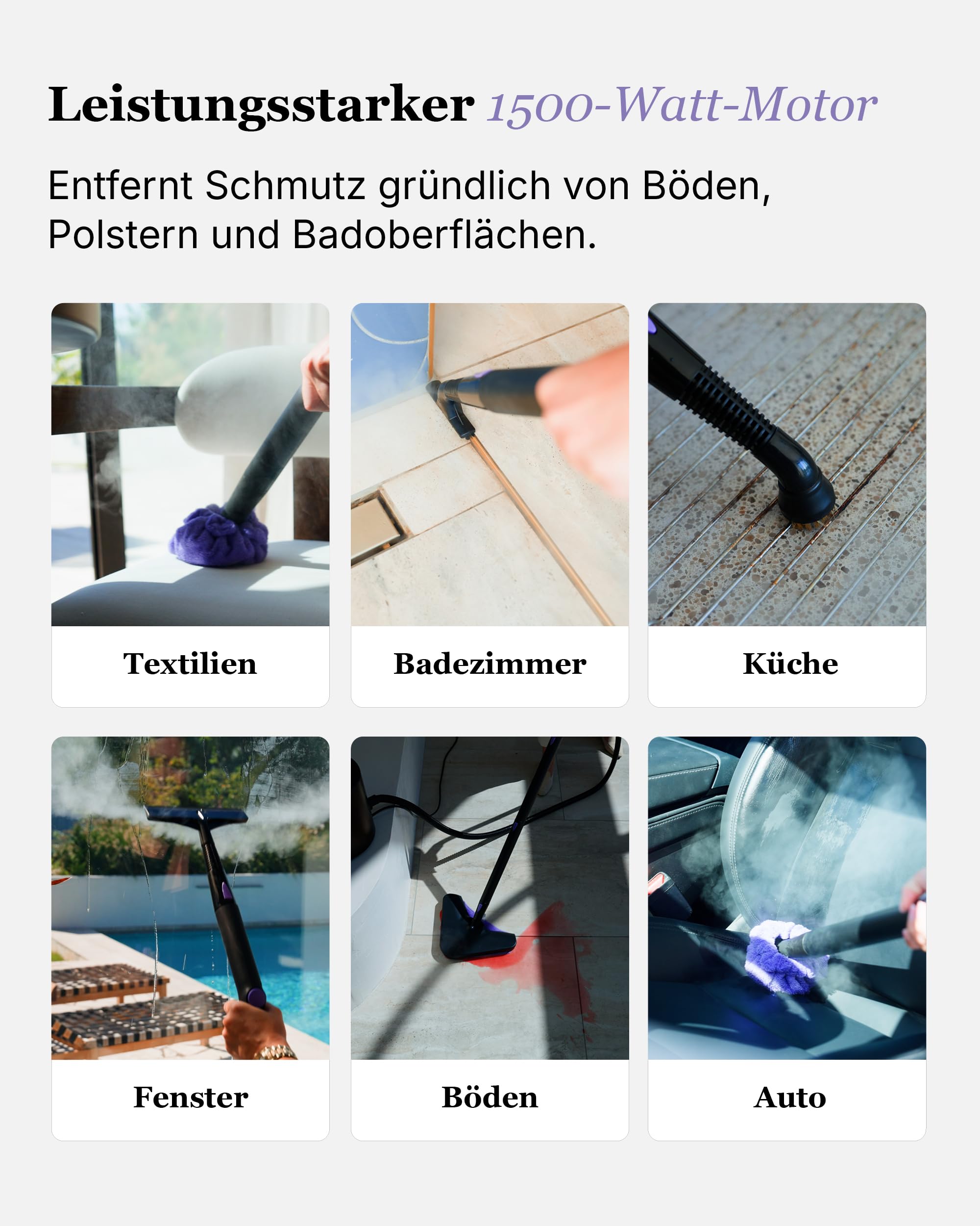 Motionflow PRO Dampfreiniger für alles - 1500W Hochdruck Steam Cleaner mit Edelstahlboiler für Polster, Teppiche, Armaturen und Böden – Dampfbürste mit 13 Aufsätzen, 45 Min Laufzeit, 100°C Dampf