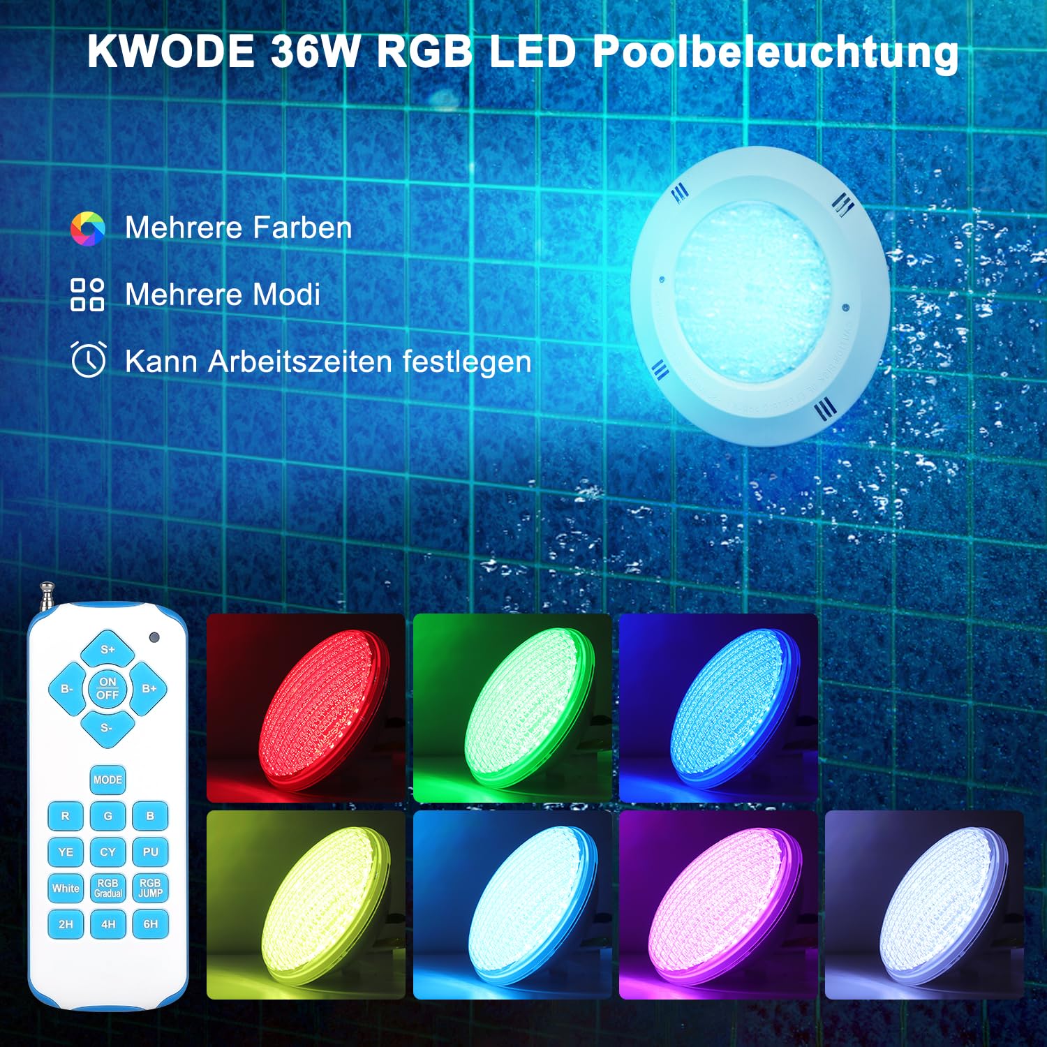Oświetlenie basenowe LED 36 W, PAR56,12 V RGB, zewnętrzna synchronizacja z pilotem zdalnego sterowania, timer 2/4/6 h, wodoszczelność IP68 (1 szt.)