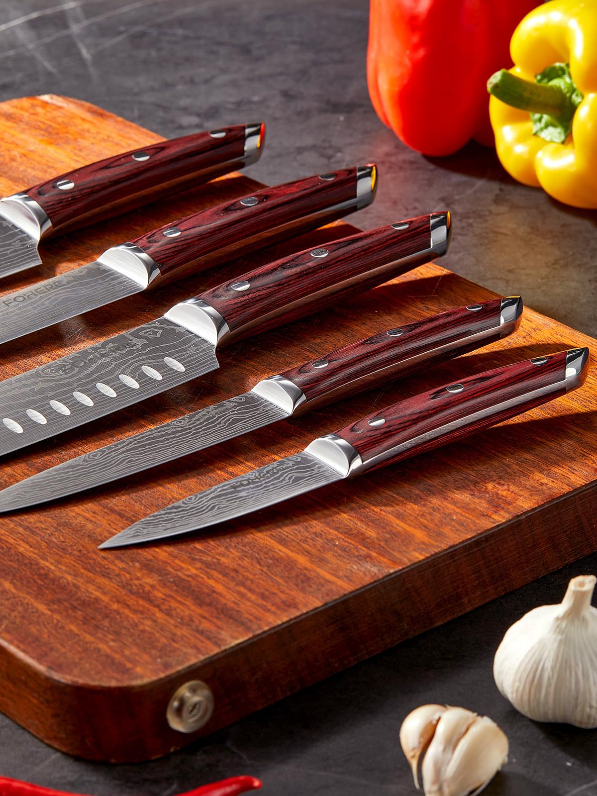 Couteau Cuisine FOHERE 5 Pièces Ensemble Acier Inoxydable Manche Bois Professionnel