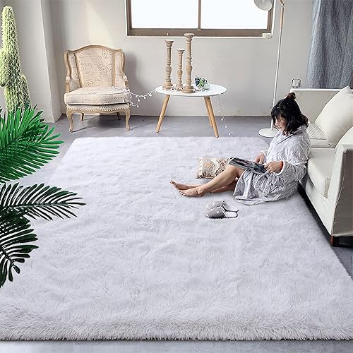 DweIke - Alfombra mullida y esponjosa de felpa blanca de 8 x 10 pies, para sala de estar, dormitorio, alfombras suaves para habitación de niños y