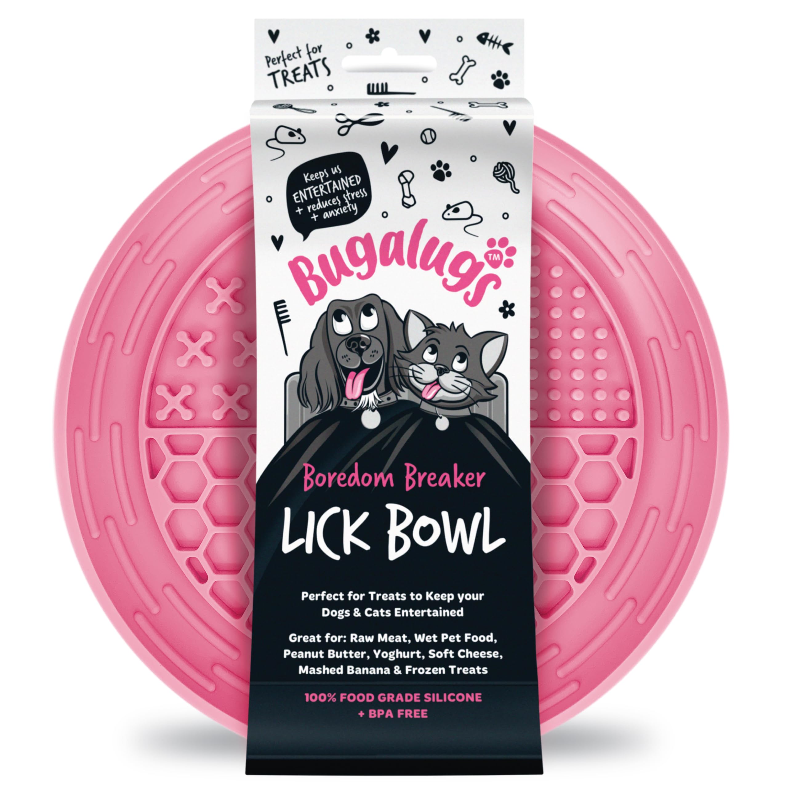 Bugalugs Dog Mat Bowl 100% Food Grade Cat Food Mat & Licky Mats For Dogs - Lick Mat Bowl Reduce Stress & Anxiety Single (Pink)
