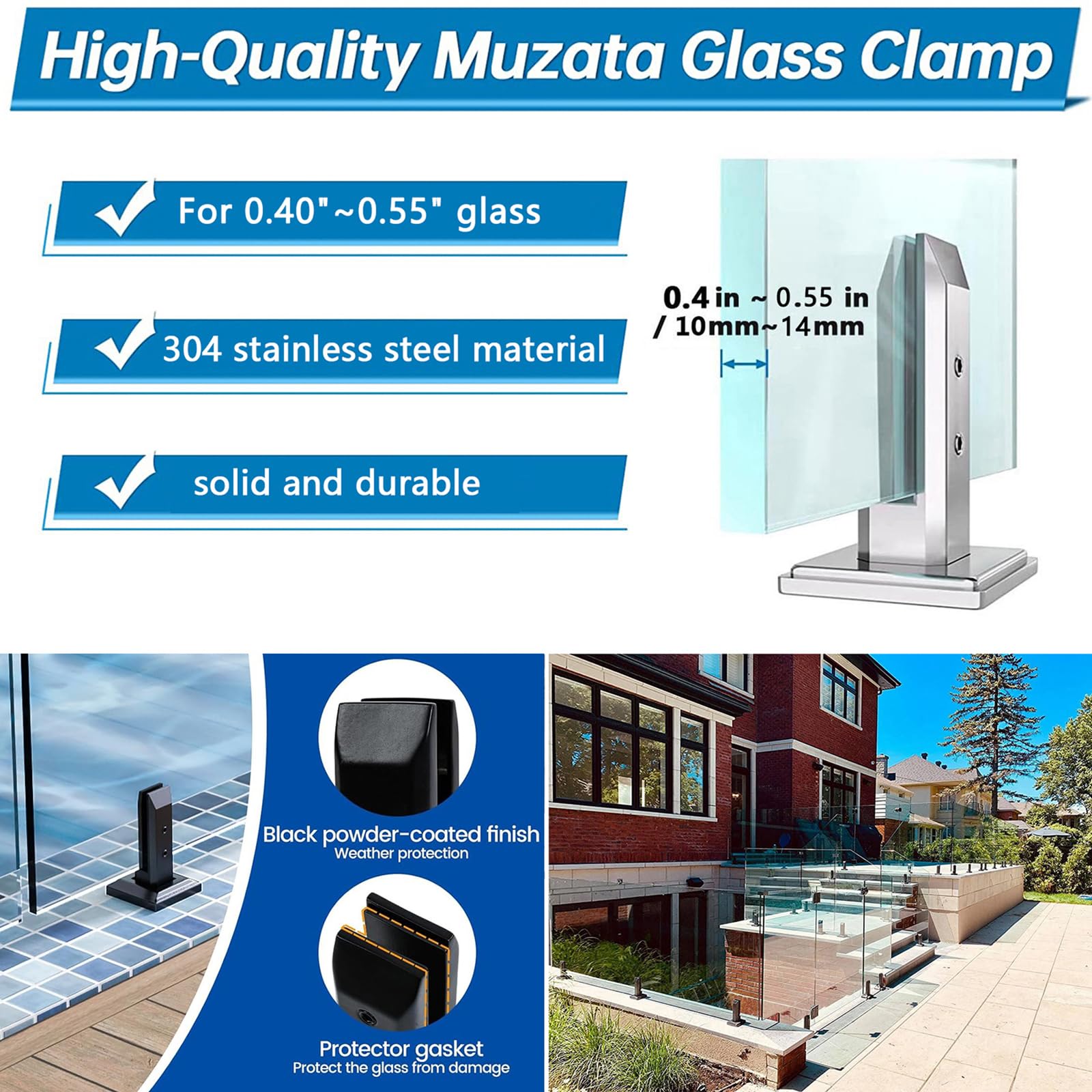 Abrazaderas de poste de barandilla de vidrio cuadrado de acero inoxidable 304 para jardín doméstico, valla de piscina, escaleras y balcón, abrazadera de espiga de 200 mm, 1 pieza