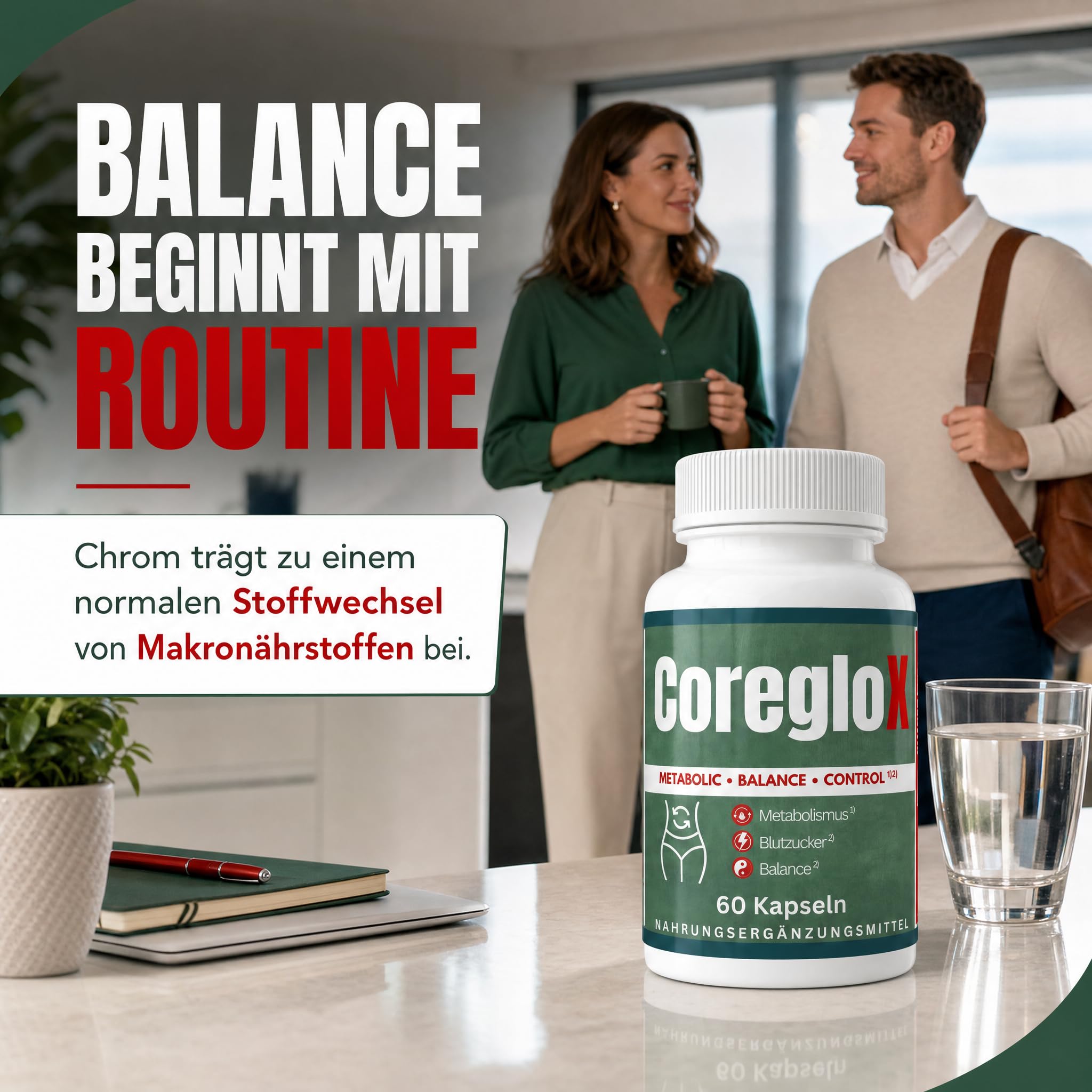CoreGLO X 60 Stoffwechsel Kapseln mit Chrom & Jod, Original von ZENICAPS – Chrom für normalen Makronährstoffwechsel, Jod für Energiestoffwechsel – mit Grüntee, grünem Kaffee, L-Carnitin & L-Tyrosin