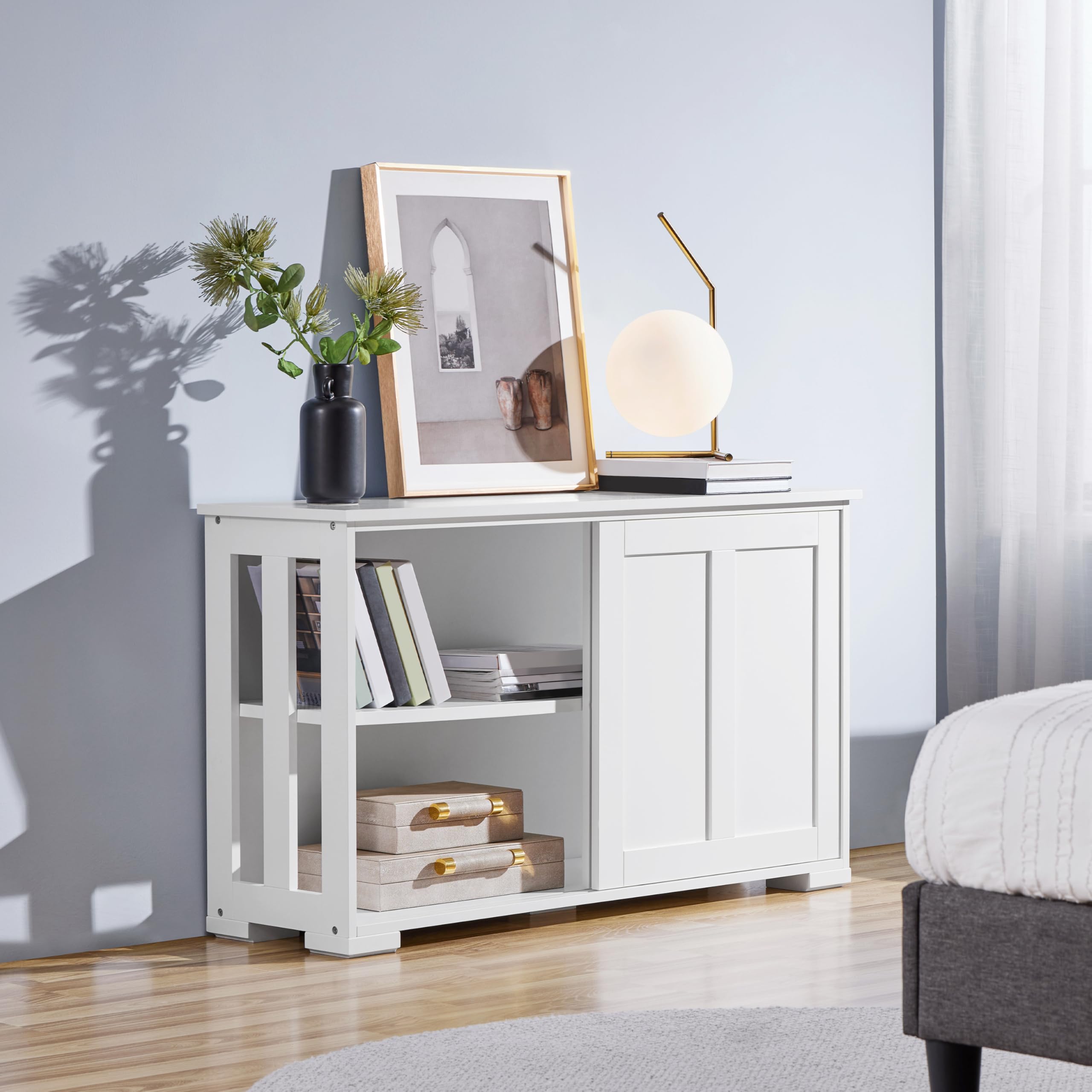 Yaheetech Credenza Mobile da Cucina Bianco con 2 Ante Scorrevoli Salvaspazio e Ripiano Regolabile in Legno Mobiletto TV da Salotto Soggiorno 106,7 x 33 x 63 cm