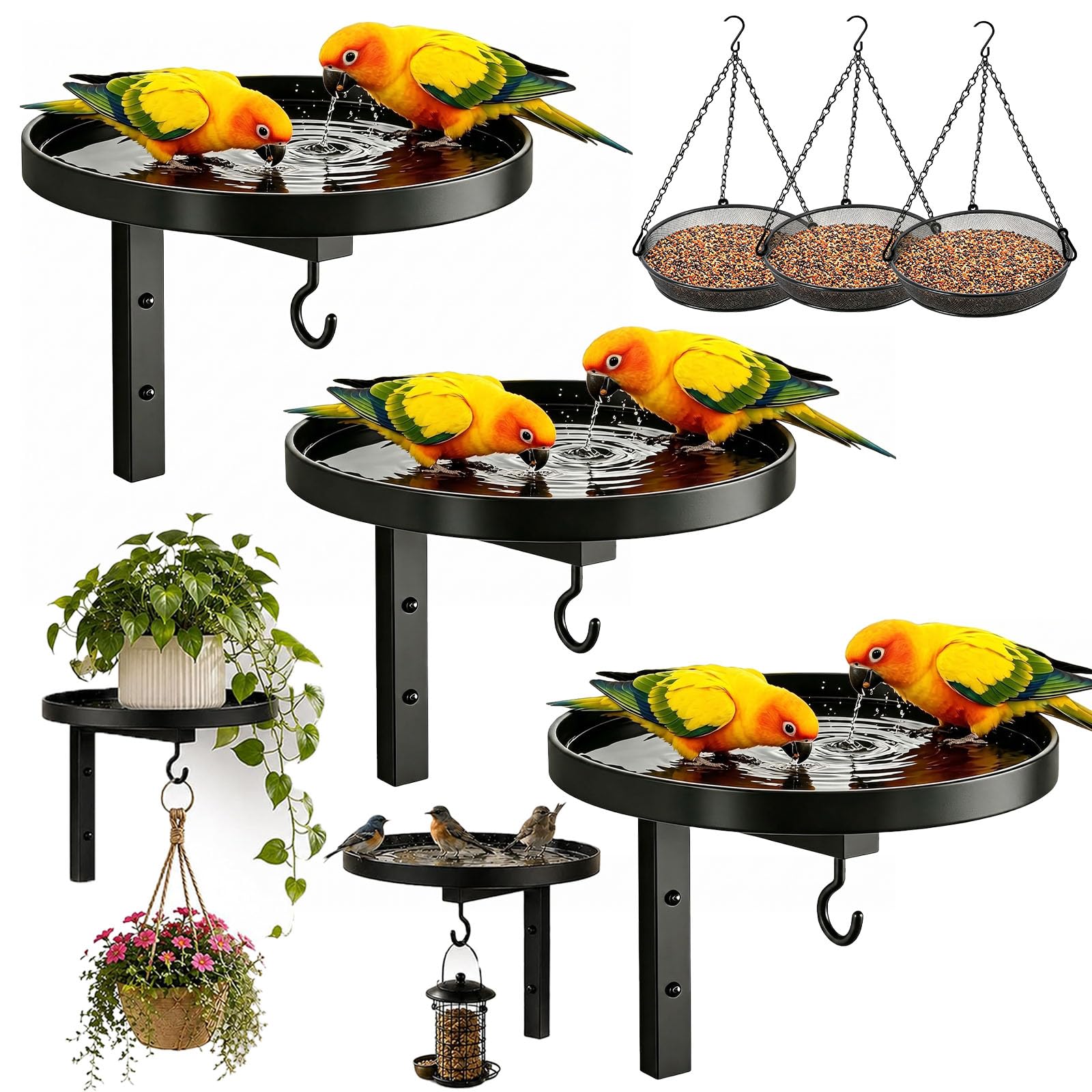 Vogeltränke Zum Aufhängen, Vogeltränke Metall mit Futterhaken, Vogelfutterstation Zum Aufhängen,Birds Water Bowl, Tray Birdbath for Garden Balcony Deck Patio Decor (3PCS)