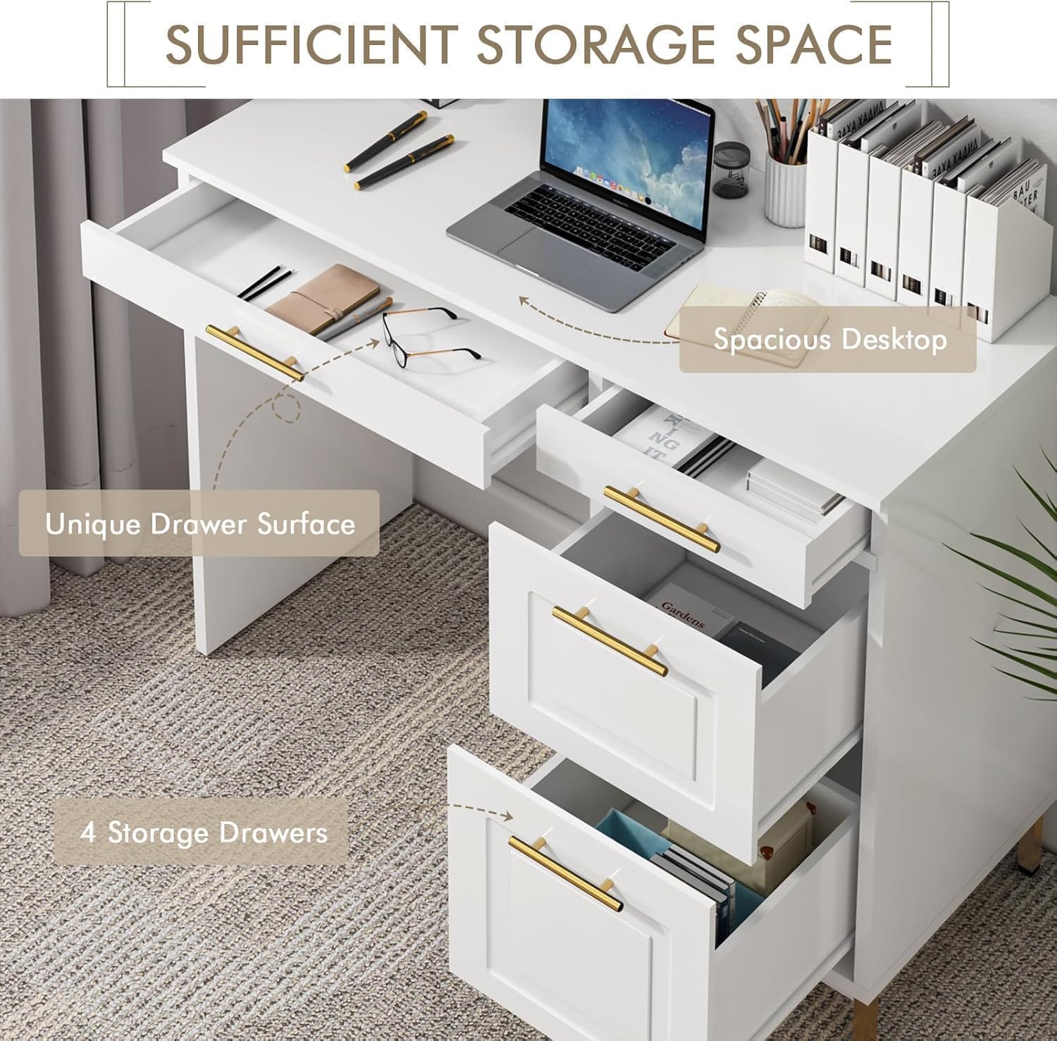 Close-up view of the desk showing the four storage drawers, with one top drawer partially open revealing items like glasses and a notebook.