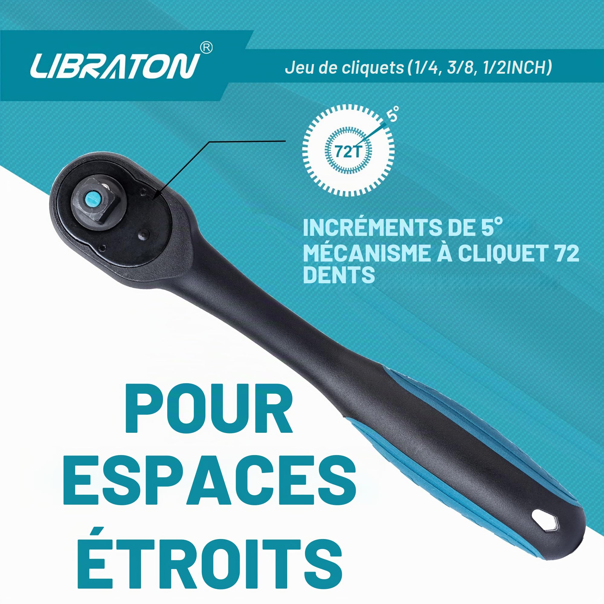 LIBRATON Clés à Cliquet Réversible Lot de 3 1/2" 3/8" 1/4" 72 Dents Dégagement Rapide