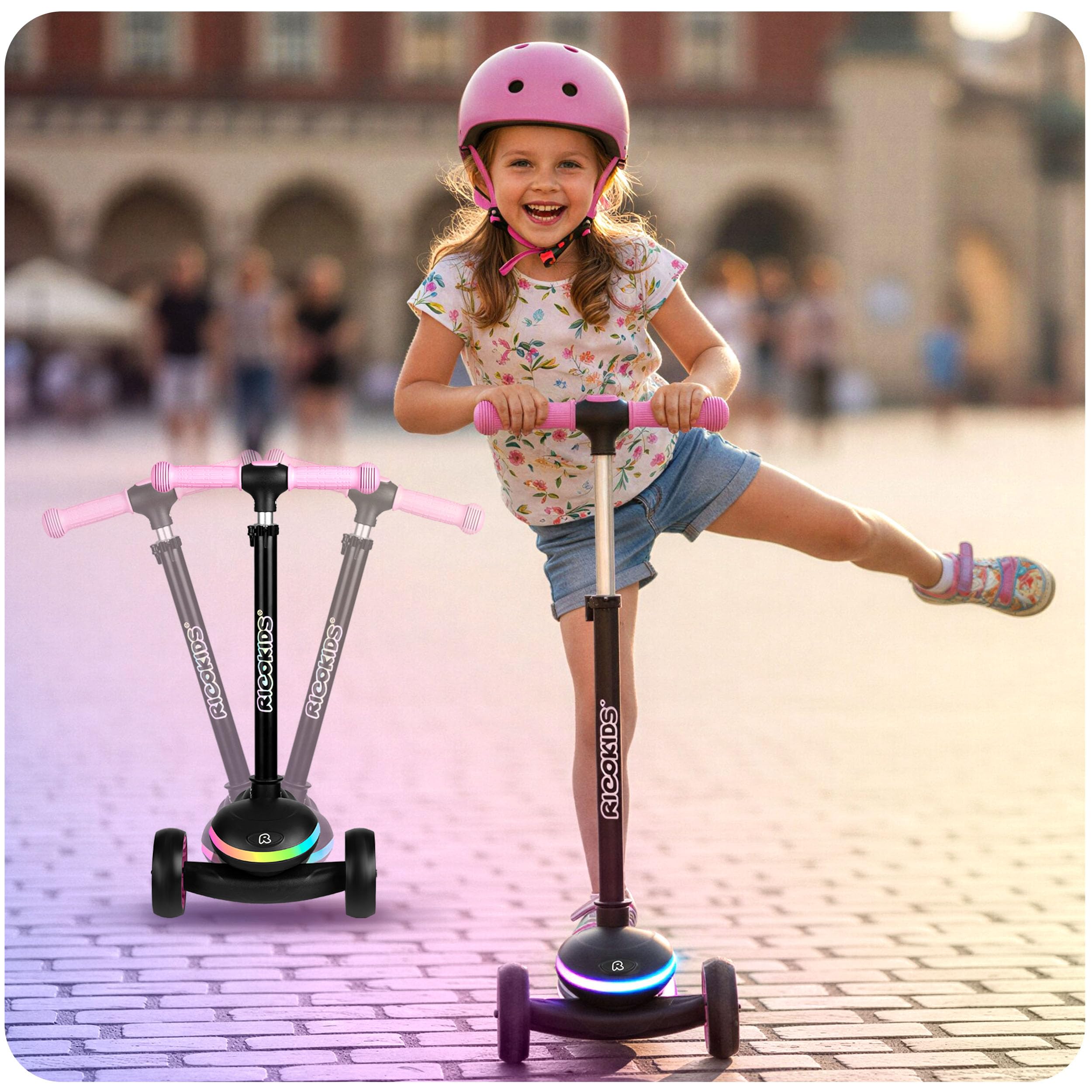 Ricokids Hulajnoga trójkołowa dla dzieci od 3 lat - Składana hulajnoga balansowa LED ze świecącym podestem - 20 trybów światła - 3-stopniowa regulacja kierownicy - Leddi Czarna, różowa
