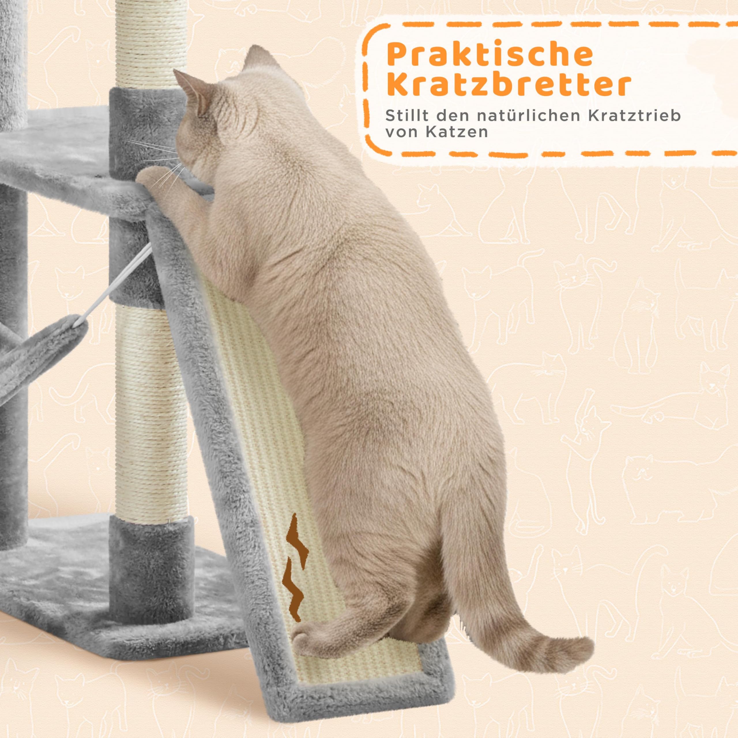 Yaheetech 209 cm Kratzbaum groß XXL Katzenbaum mit 8 Kratzsäulen hellgrau | FSC-zertifizierte Spanplatten | Mehrstöckig für Mehrkatzenhaushalte | mit Kippsicherung | mit Spielseil & 2 Kratzbrettern