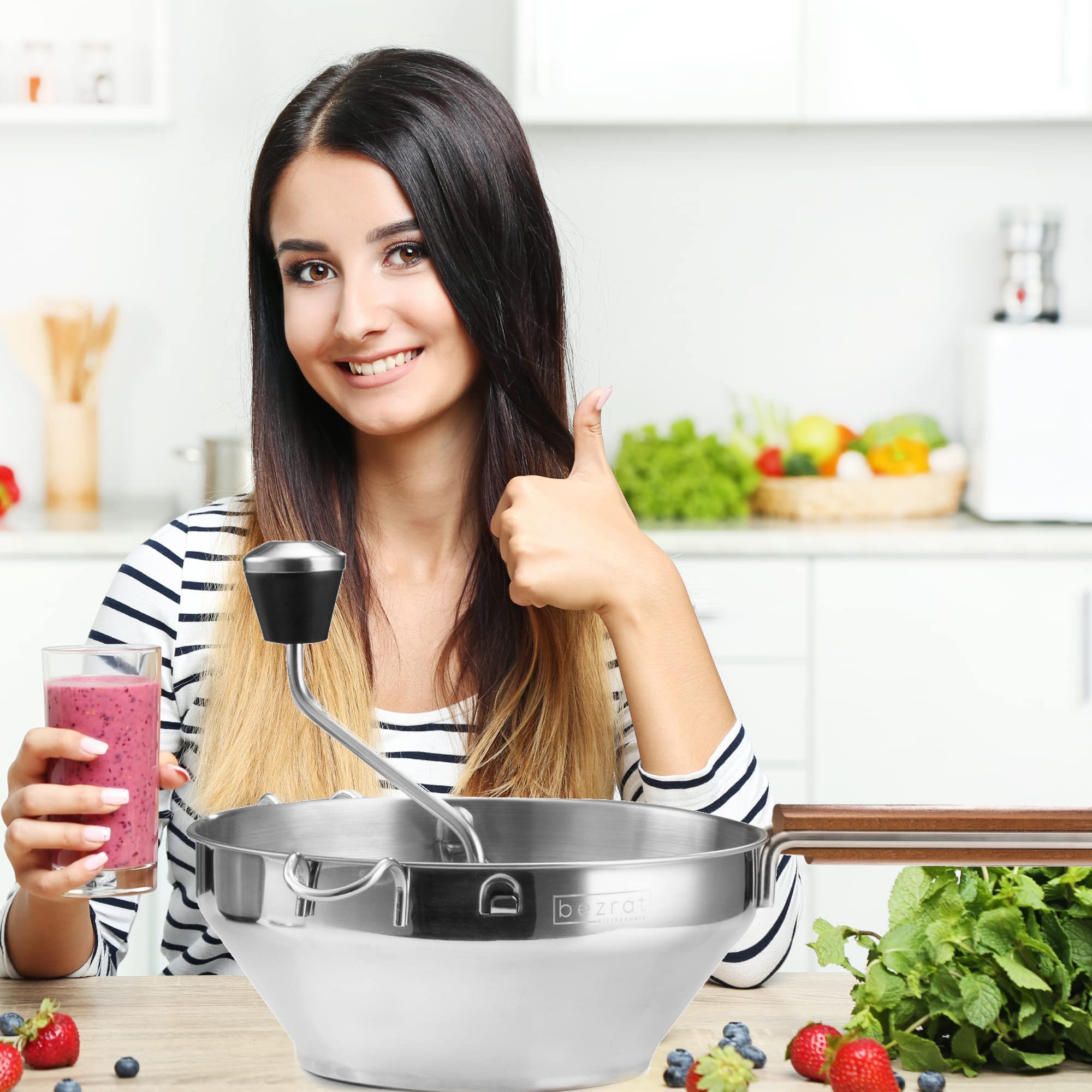 Lebensmittelmühle und Schüssel – 3 Lebensmittelmahlscheiben & Rührschüssel – Kartoffelpresse für Kartoffelpüree – Getreidemühle Handkurbel zum Maischen, Sieben & Reiben von Obst & Gemüse –