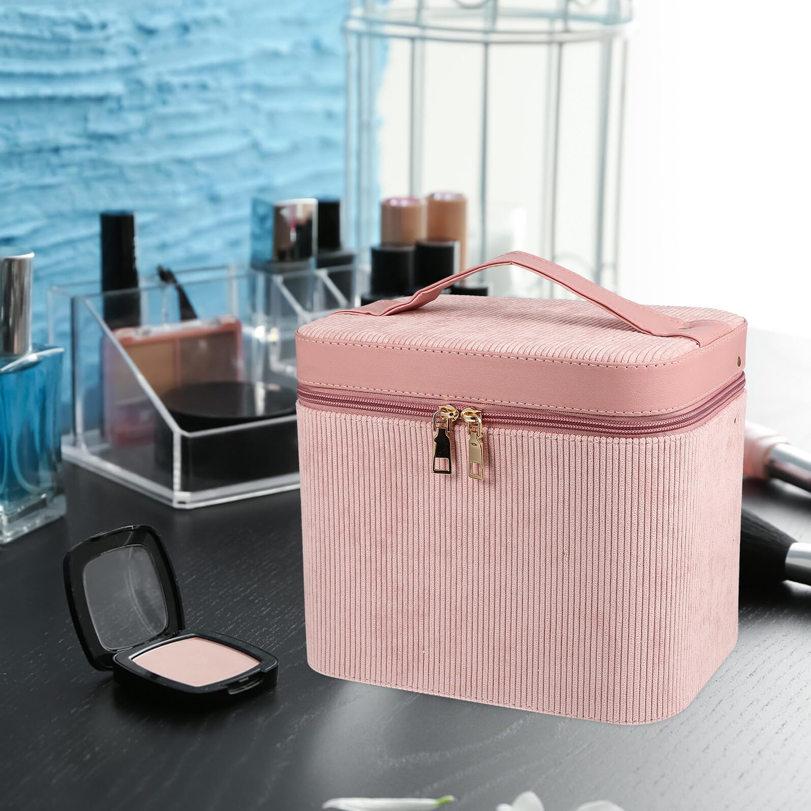 Veemoon Estuche de Maquillaje Portátil de Doble Capa Neceser para Mujer con Espejo Organizador de Maquillaje Colgante para Cuidado Personal