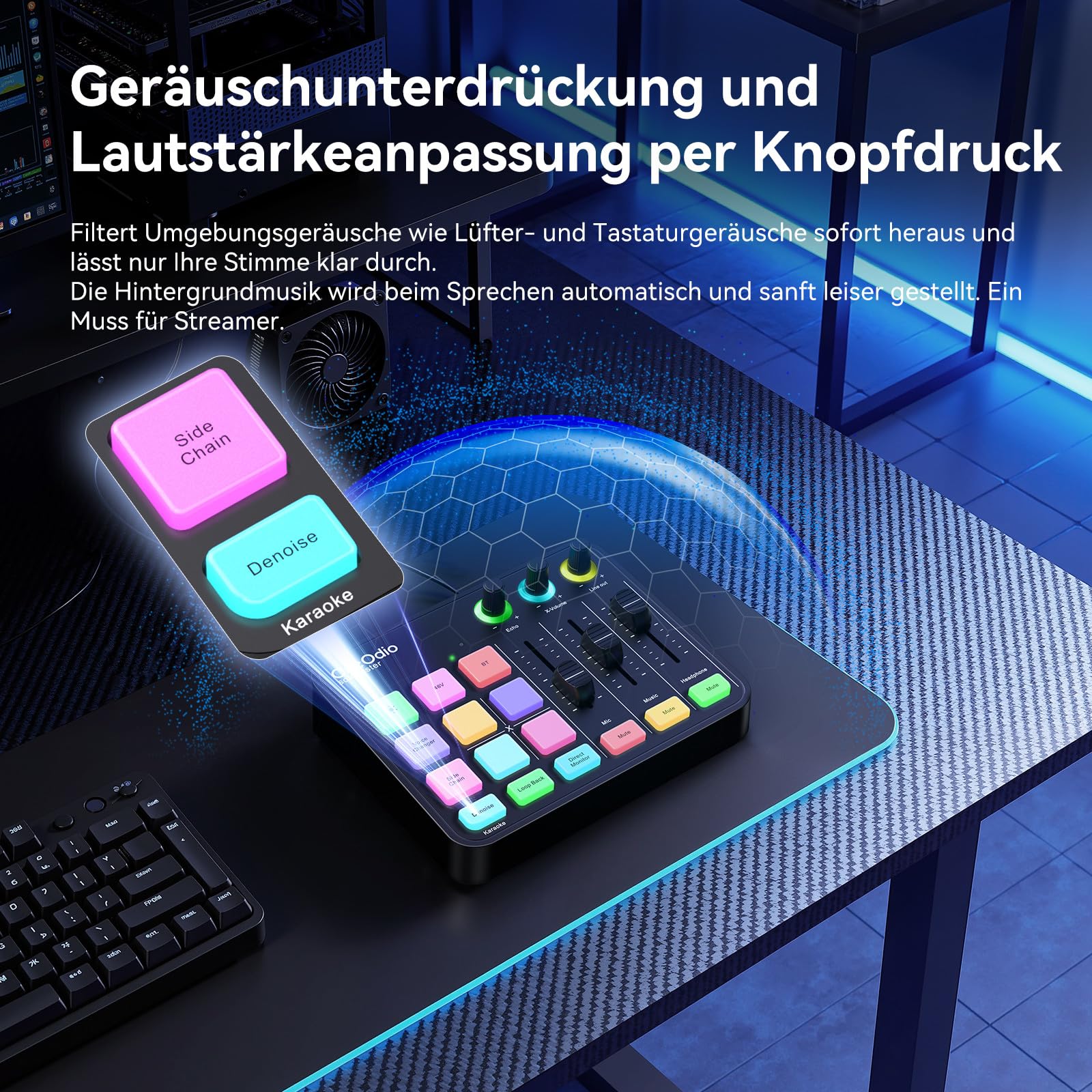 OneOdio Solocaster Gaming Audio-Mixer – 5-Kanal-Interface mit 48V Phantomspeisung, Bluetooth, RGB-Beleuchtung, 3,5-mm-/XLR-/USB-C-Anschlüssen, für Streaming/Podcast/Karaoke auf PC und Mobilgeräten