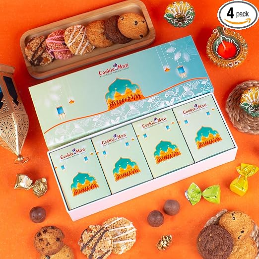 Cookieman Golden Diwali Diya Gift Set 4 Item Combo Box with Chocolate Gift Box, Healthy Nutty Cookies, Assorted Cookies & Diya