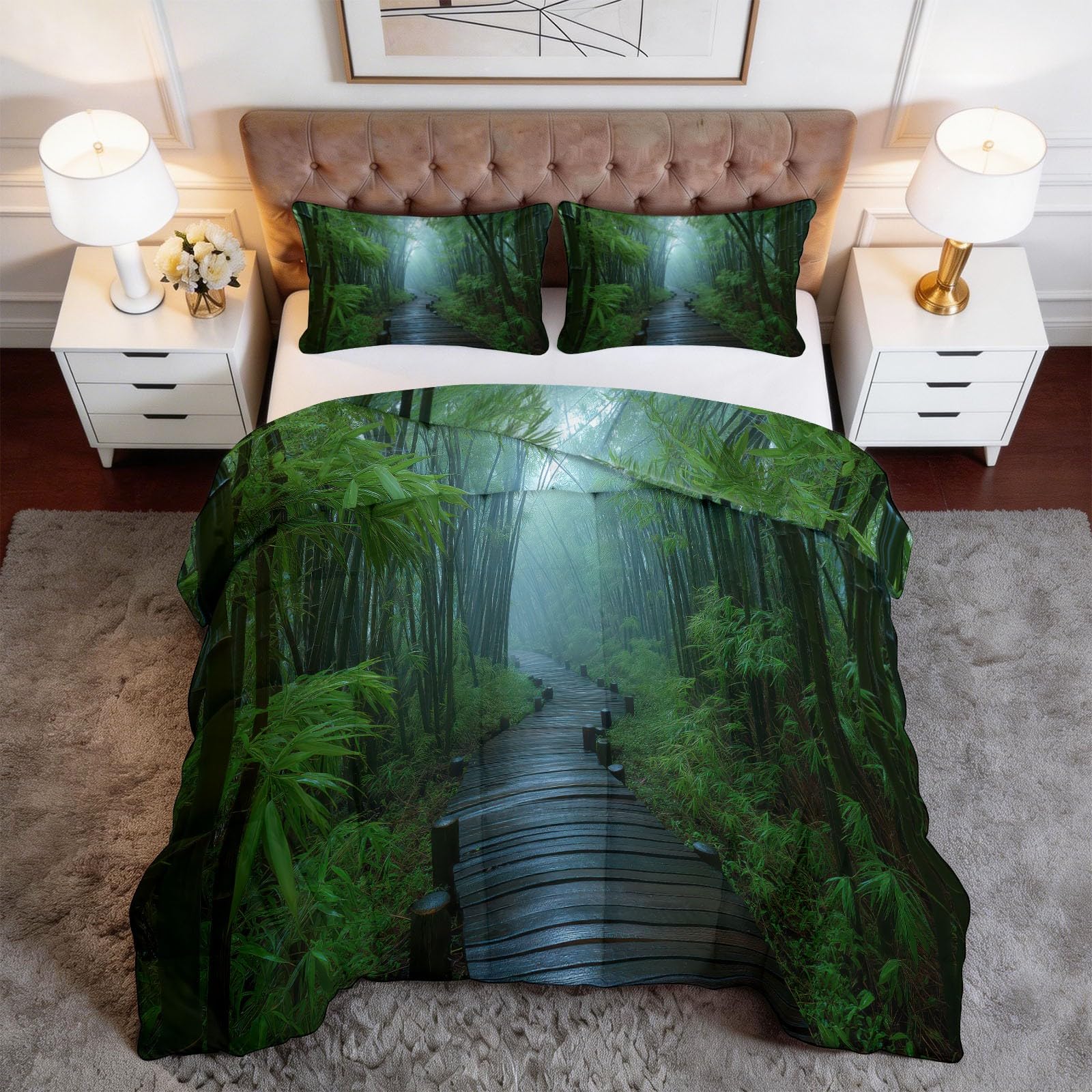 Zimowa kołdra puchowa 140 x 200 cm naturalny krajobraz bambusowy las kołdra puchowa 400 g/m², ciepła i elegancka, antyalergiczna i oddychająca pościel 3-częściowy zestaw, zielony