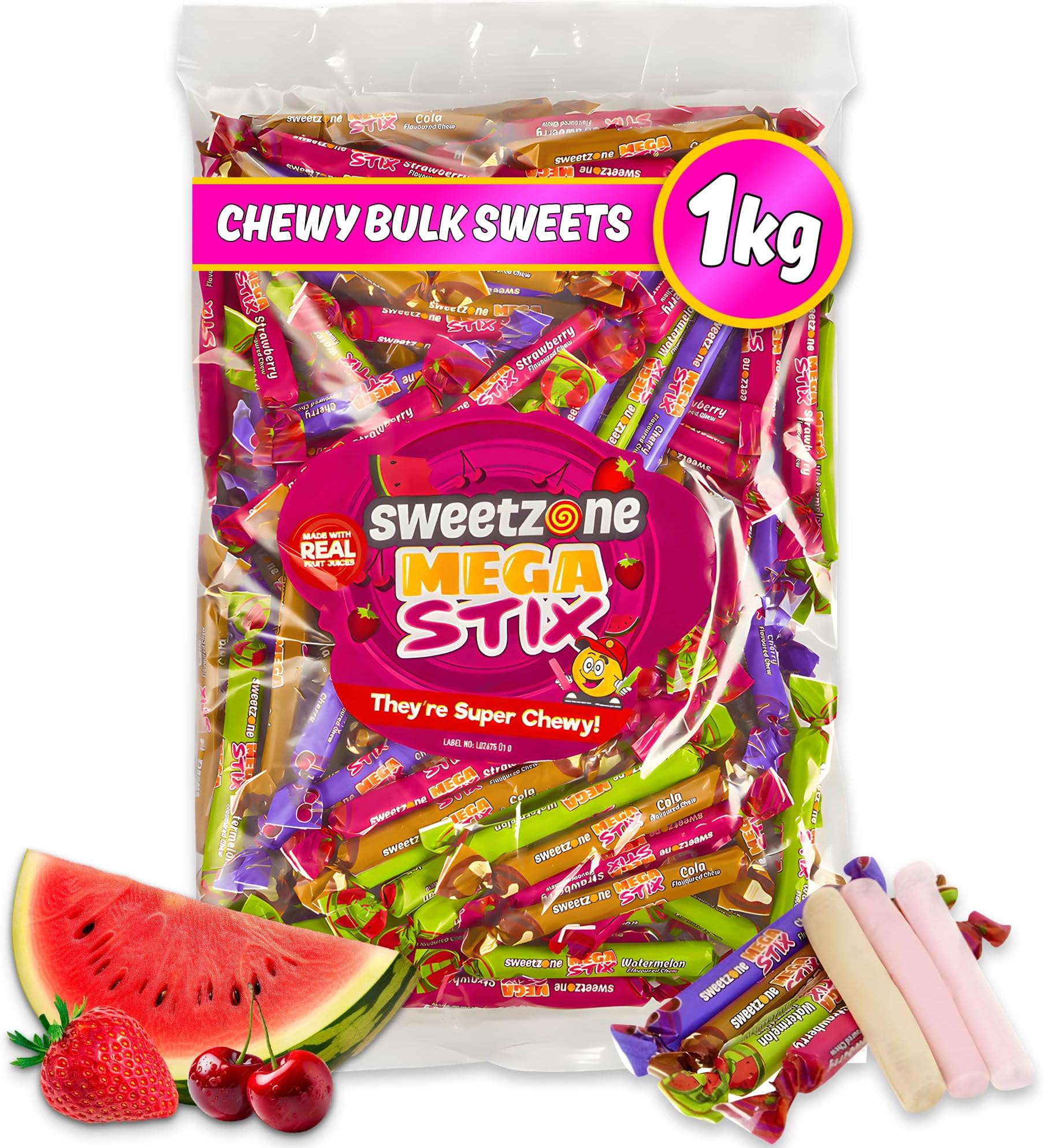 Sweetzone Mega Stix, 1kg Assorted Fruity Flavours Bag of Sweets - Enjoy the Burst of Real Fruit Juices with these Chewy Sweets Fruity Treats Sticks - Halal Candies, Perfect for Kids and Candy Lovers